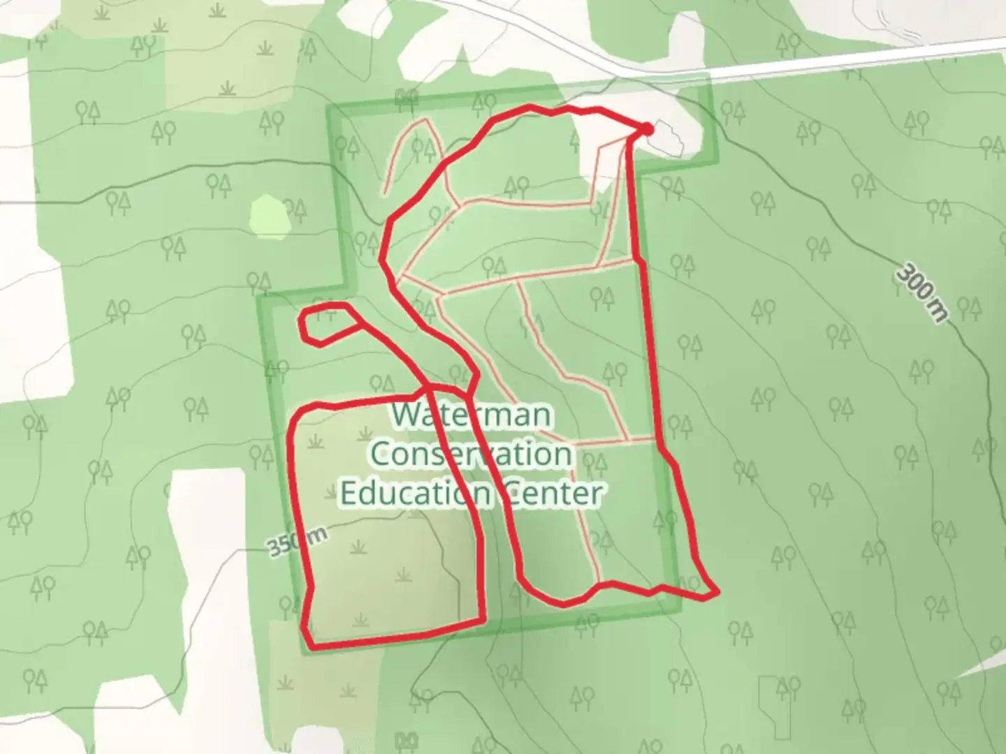 An image depicting the trail Red and West Yellow Loop Trail from Hilton Road and its surrounding area.