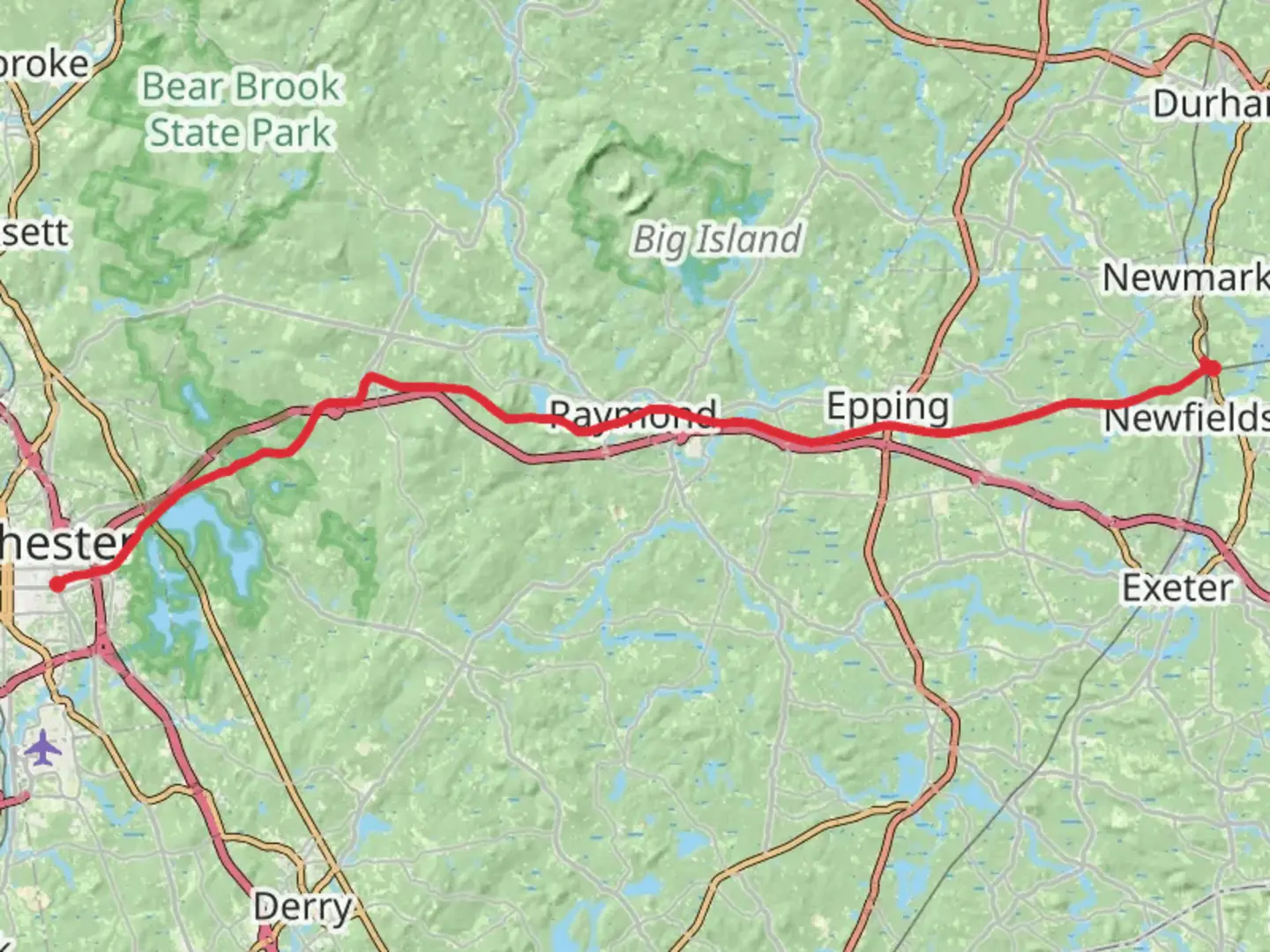 An image depicting the trail Massabesic Lake from Sharp Hill to Manchaster and its surrounding area.