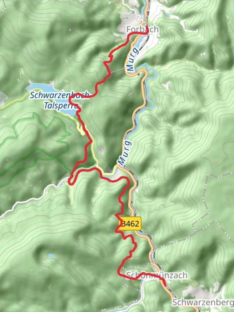 An image depicting the trail Forbach to Schonmunzach Walk via Schwarzenbach Talsperre and its surrounding area.