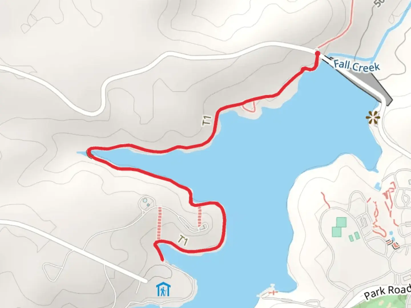 An image depicting the trail Fall Creek Falls Lake North Trail and its surrounding area.
