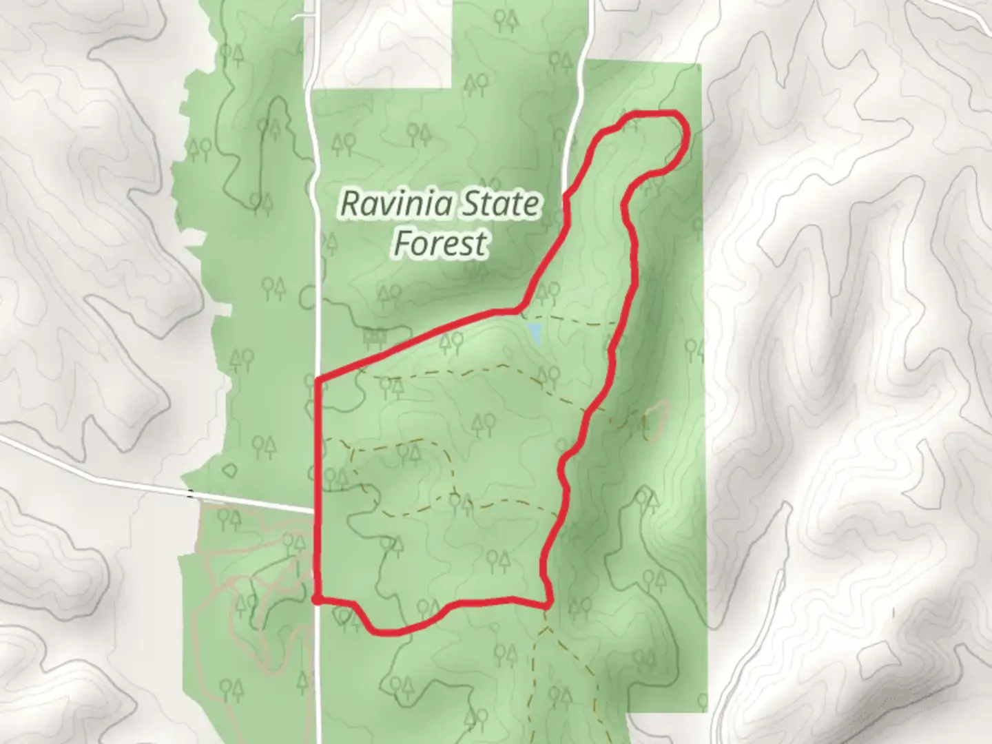 An image depicting the trail Trail 1 and Parker Road Loop and its surrounding area.