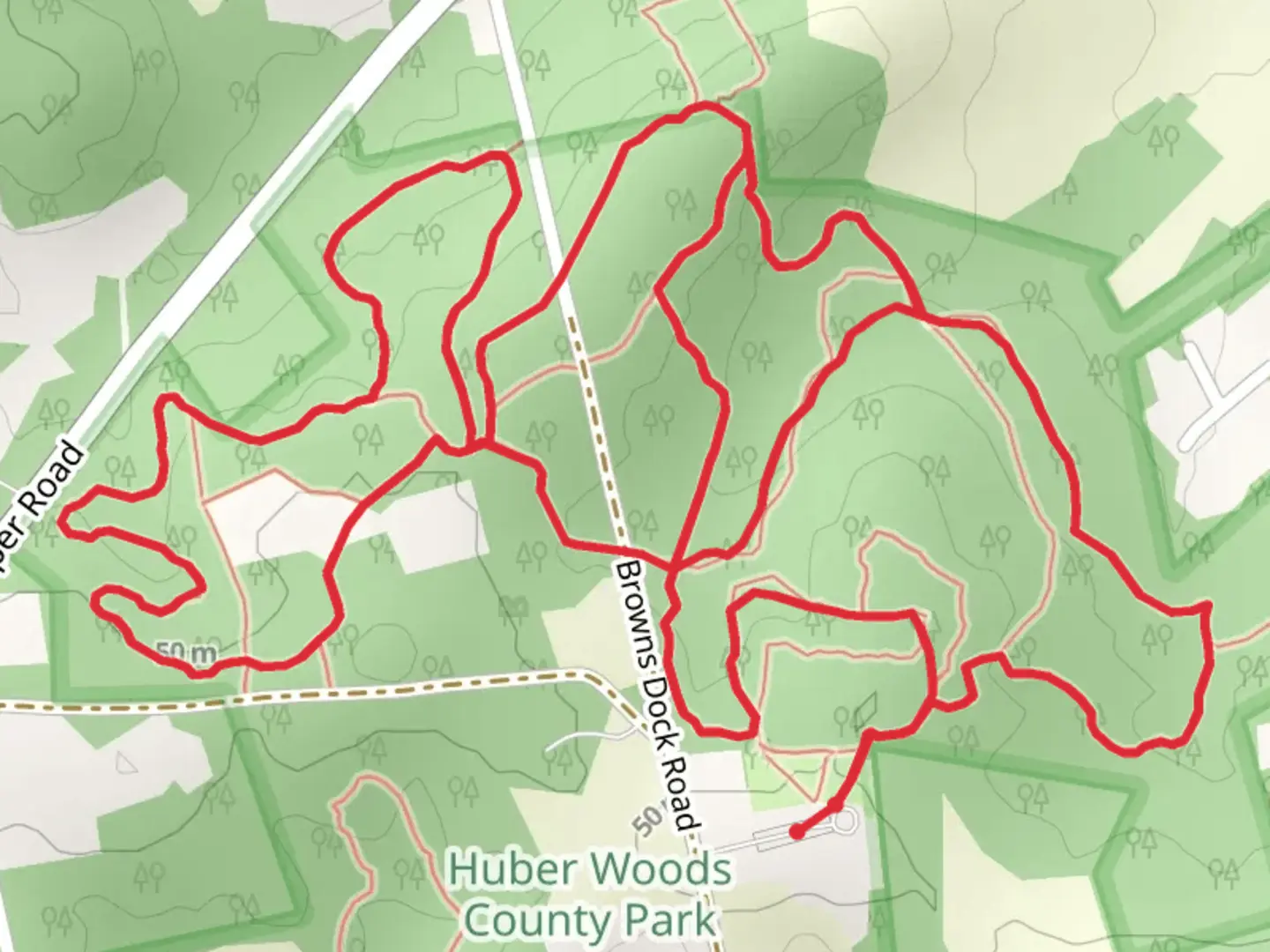 An image depicting the trail Valley View and Many Log Run Loop - Huber Woods Park and its surrounding area.