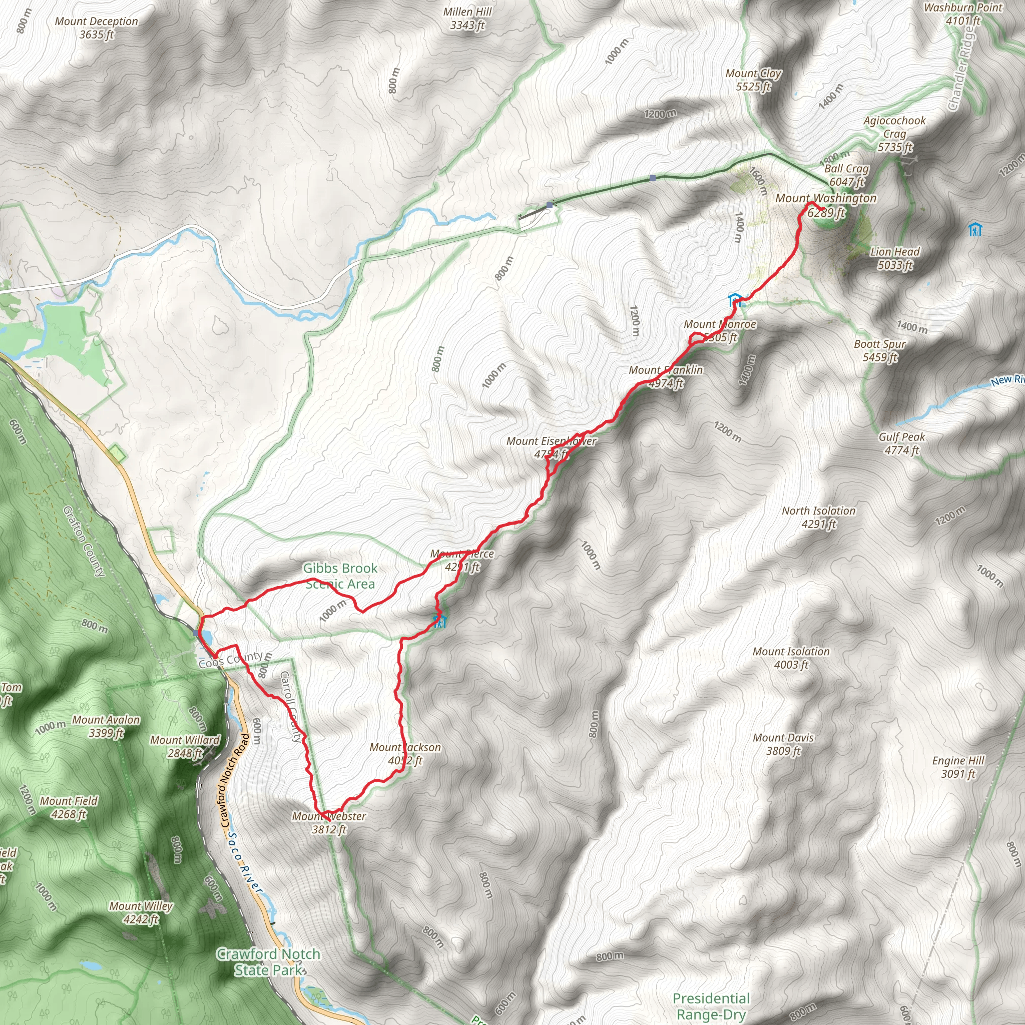 Mount Washington, Mount Eisenhower and Mount Webster via Saco Lake Loop mobile static map