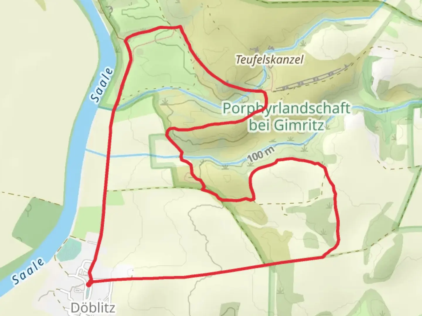 An image depicting the trail Porphyrlandschaft bei Gimritz Loop and its surrounding area.