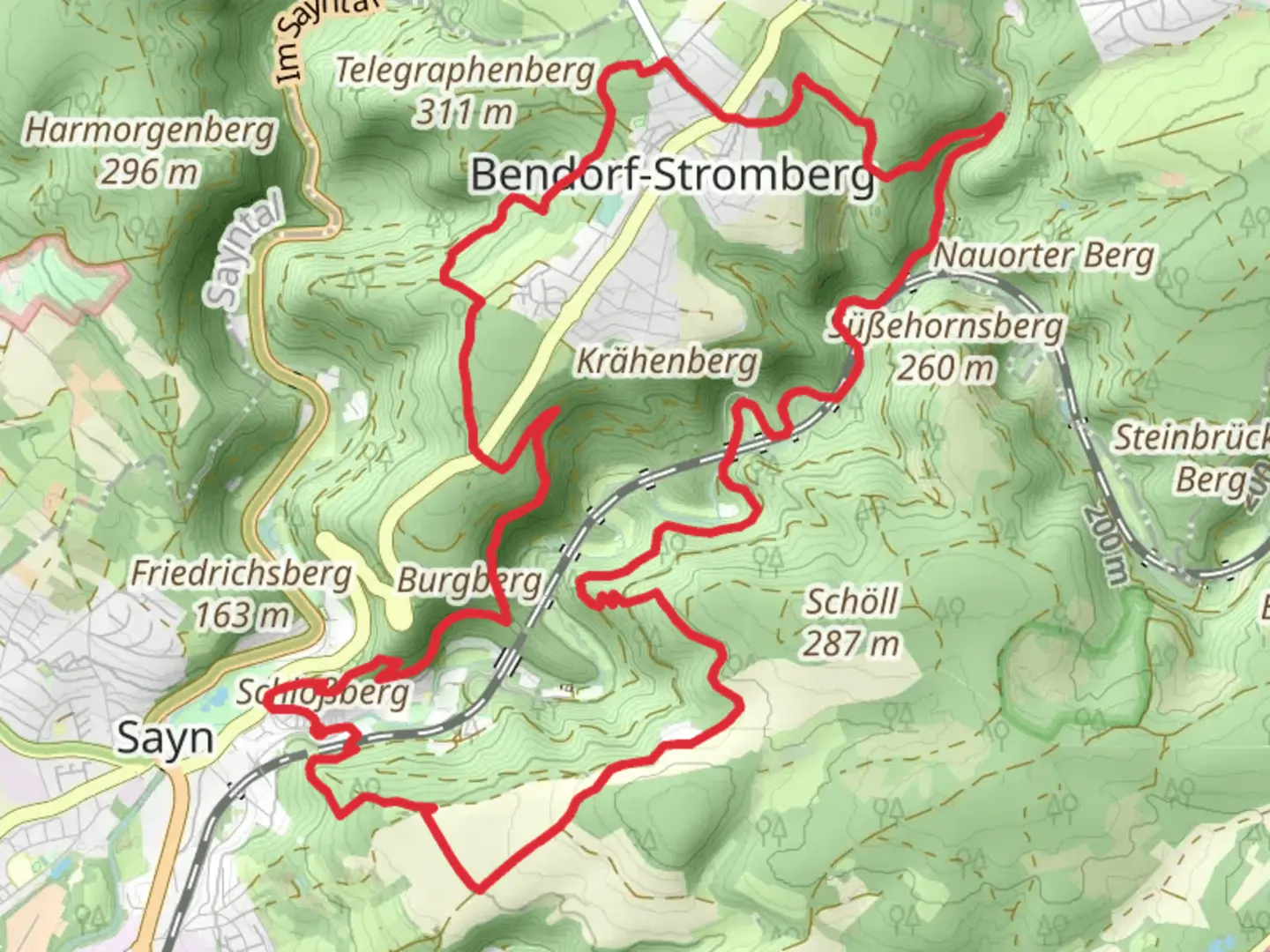 An image depicting the trail Burg Sayn and Stromberg Loop and its surrounding area.