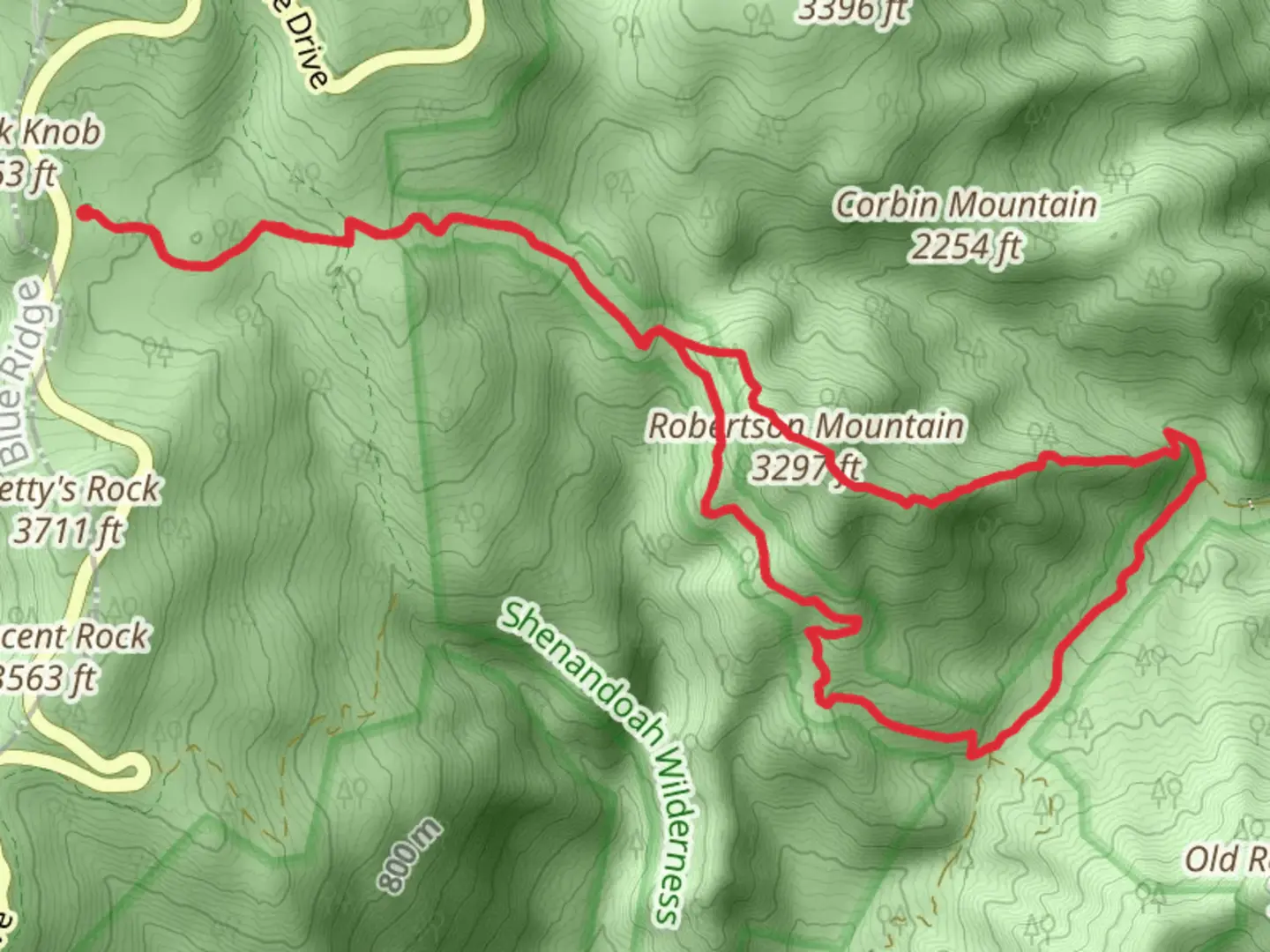 An image depicting the trail Robertson Mountain via Old Rag Fire Road and Robertson Mountain Loop Trail and its surrounding area.