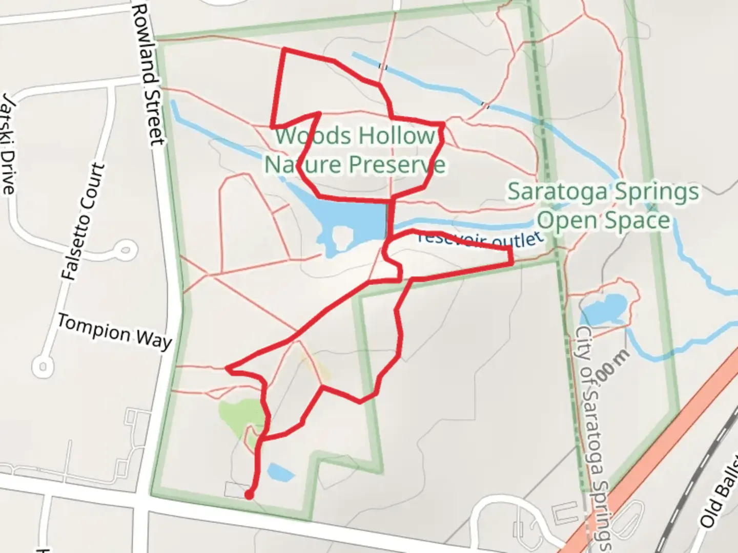 An image depicting the trail Red, Yellow and Ballston Spa Reservoir Loop and its surrounding area.