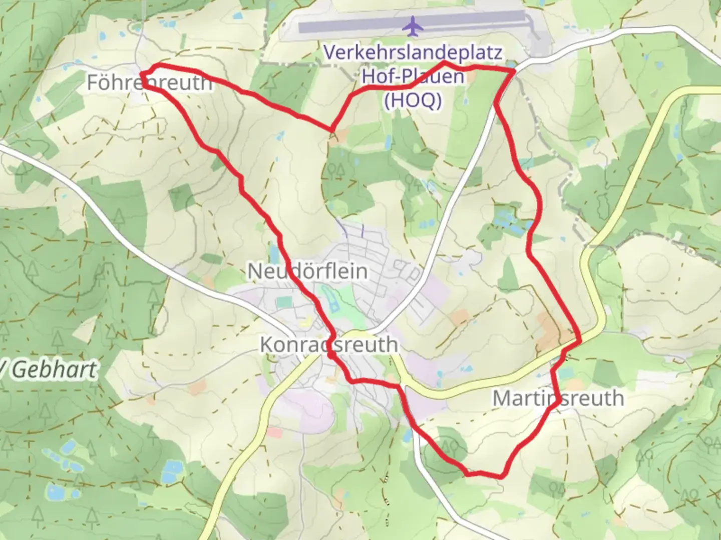 An image depicting the trail Konradsreuth to Martinsreuth and Fohrenreuth Loop and its surrounding area.