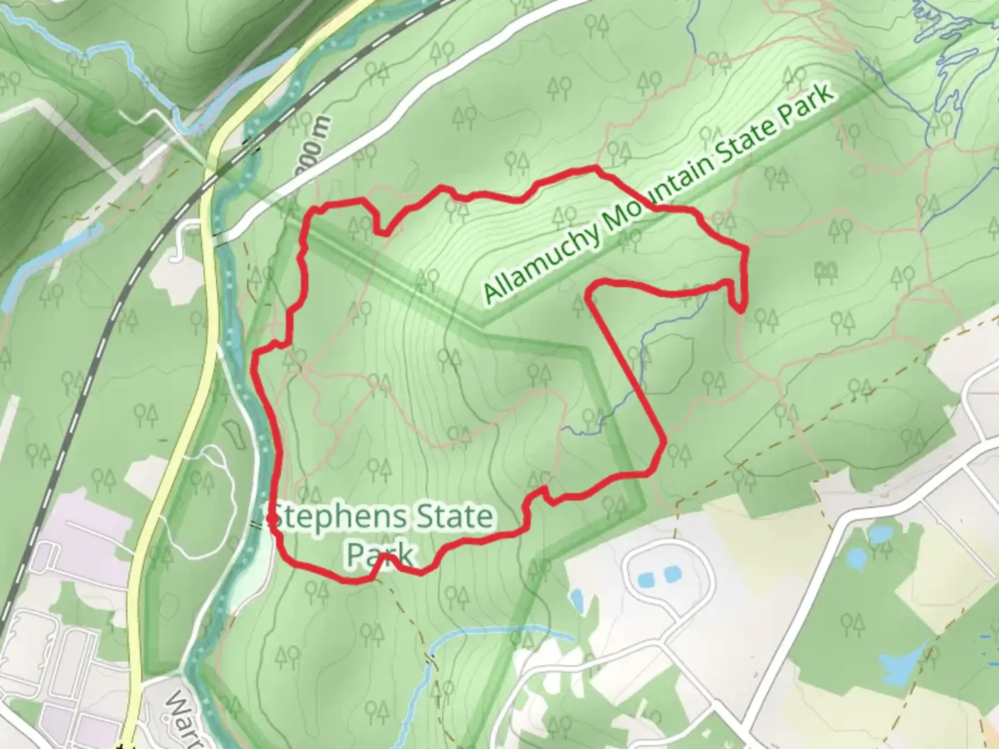 An image depicting the trail White and Orange Trail Loop from Stephens Park Road and its surrounding area.