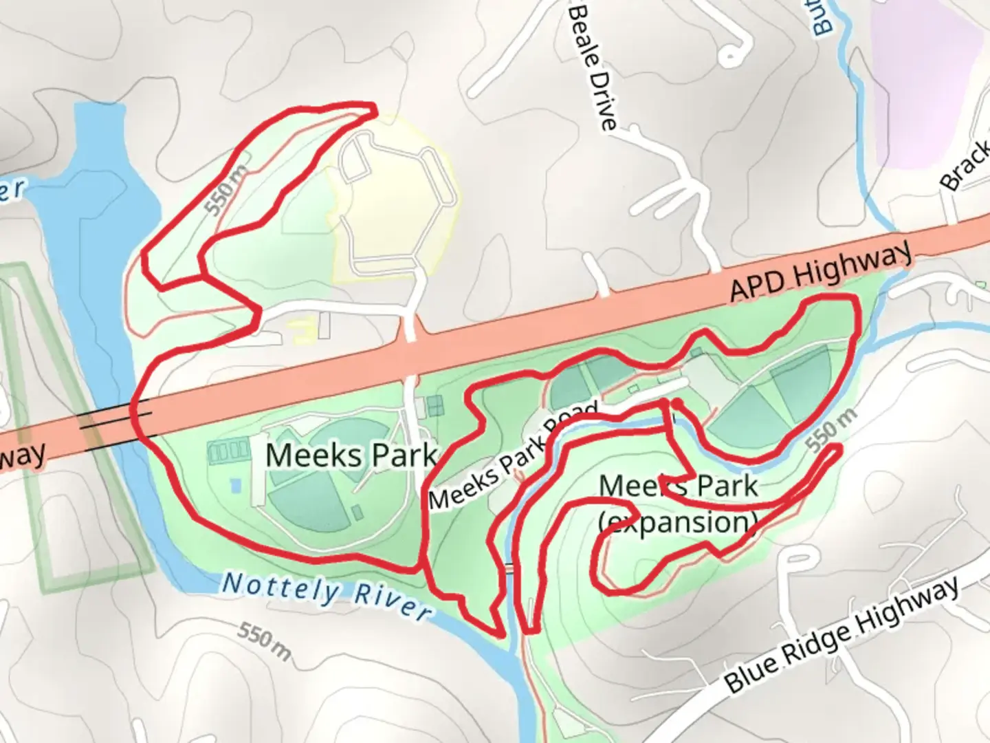 An image depicting the trail Meeks Park and Meeks Park Expansion Loop and its surrounding area.
