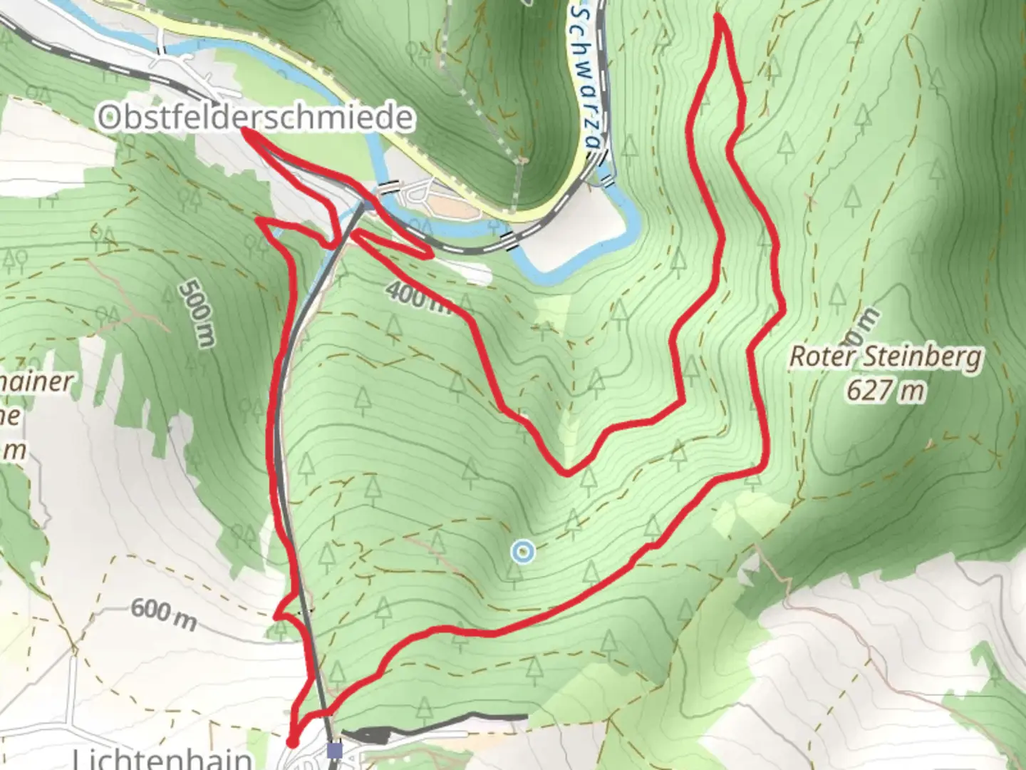 An image depicting the trail Olitaetenwanderweg Mittelachse and its surrounding area.