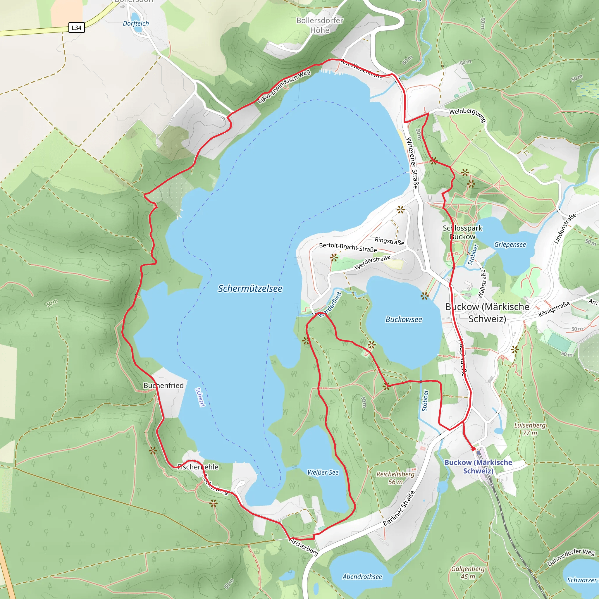 Schermuetzelsee, Weißer See and Bucowsee via Oberbarnimer Feldstein Route mobile static map