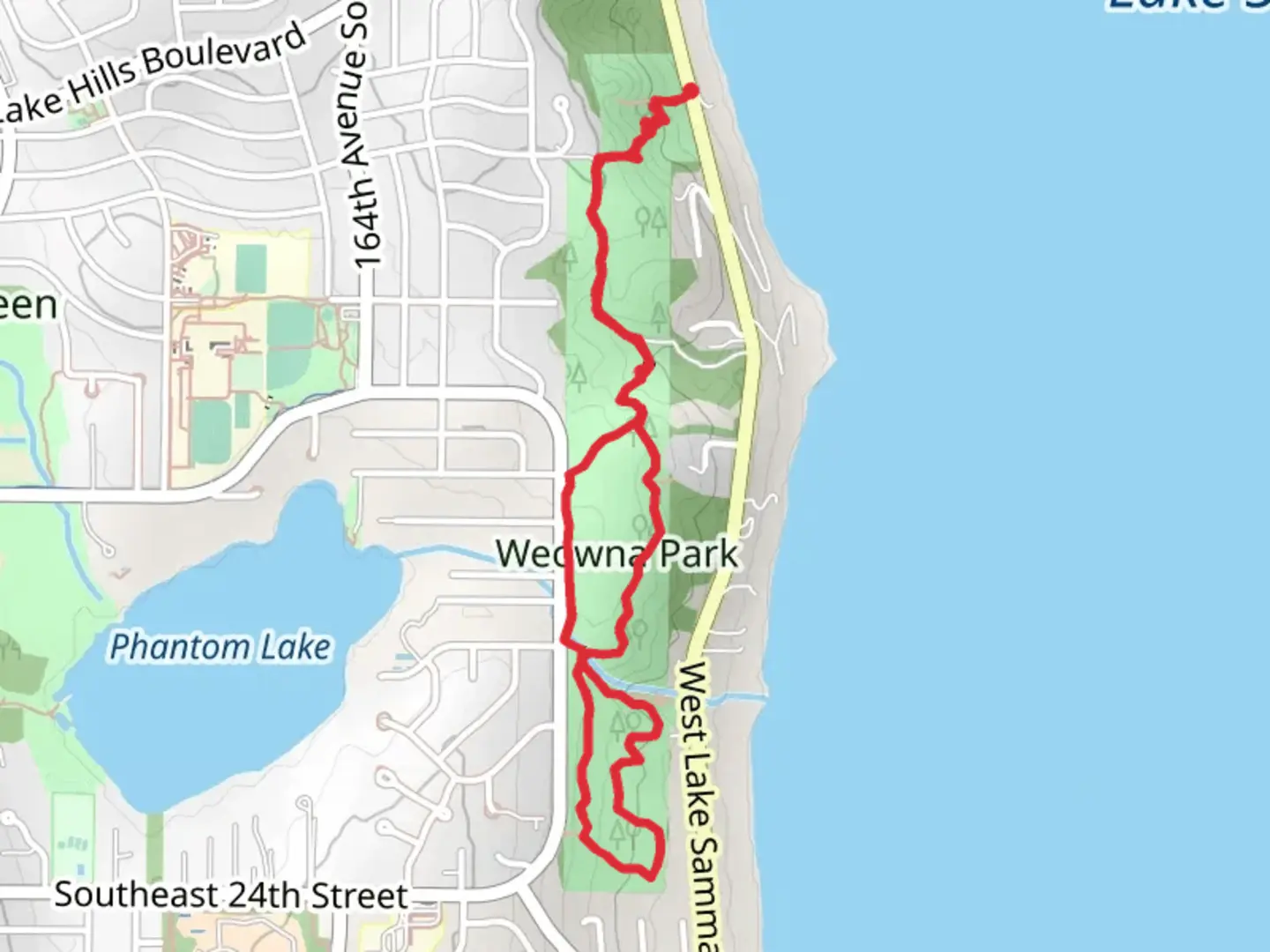 An image depicting the trail Weowna Park Loop and its surrounding area.