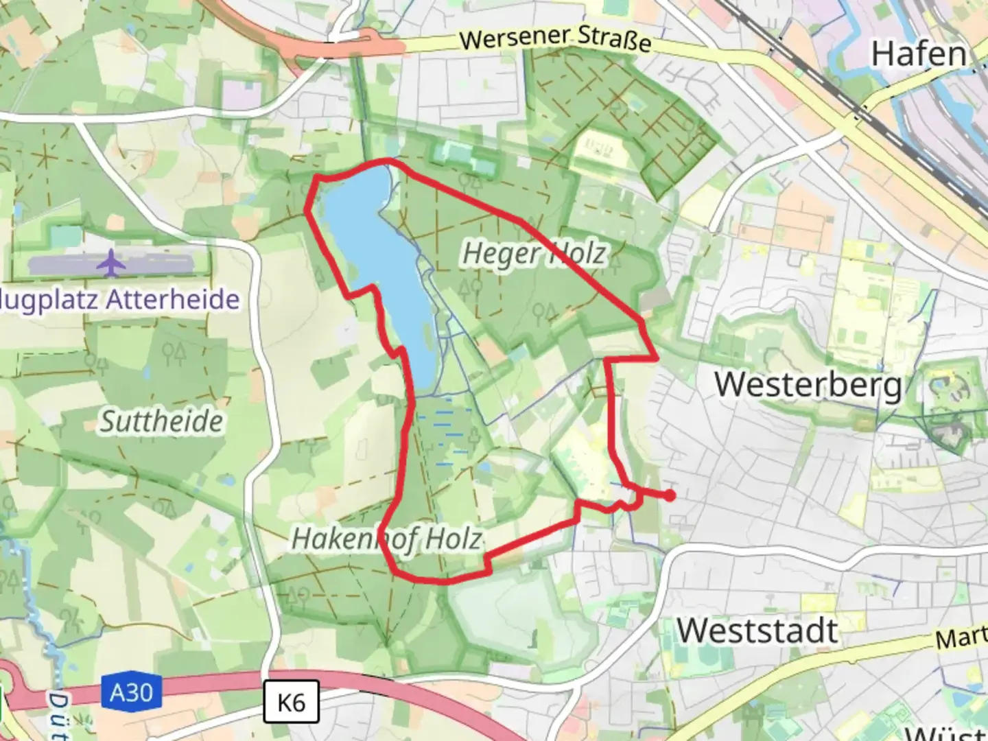 An image depicting the trail Heger Holz and Rubbenbruchsee Loop and its surrounding area.