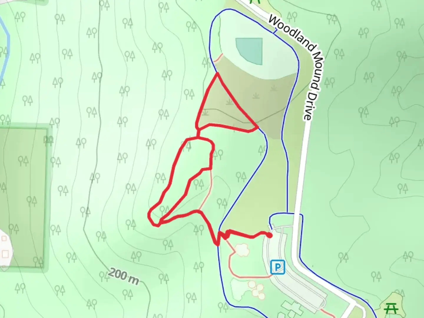An image depicting the trail Woodland Mound Drive Loop and its surrounding area.