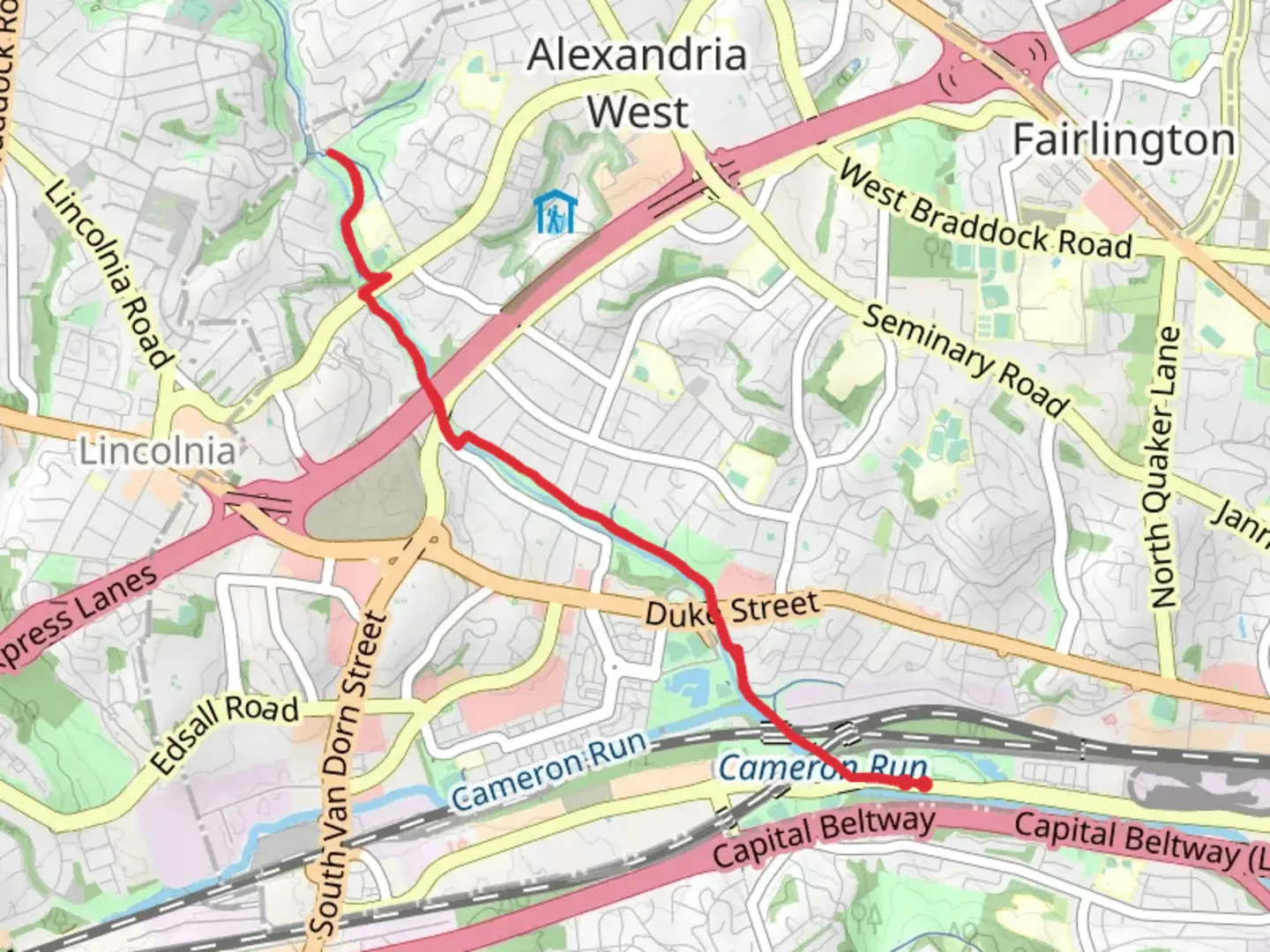 An image depicting the trail Holmes Run Park Trail and its surrounding area.