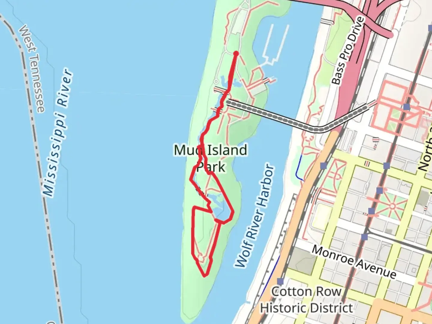 An image depicting the trail Mud Island Park Loop and its surrounding area.