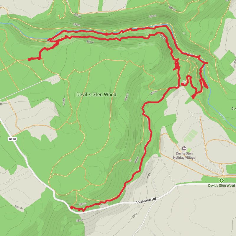 A map preview of the recording Hike on Devil's Glen Wood Loop.