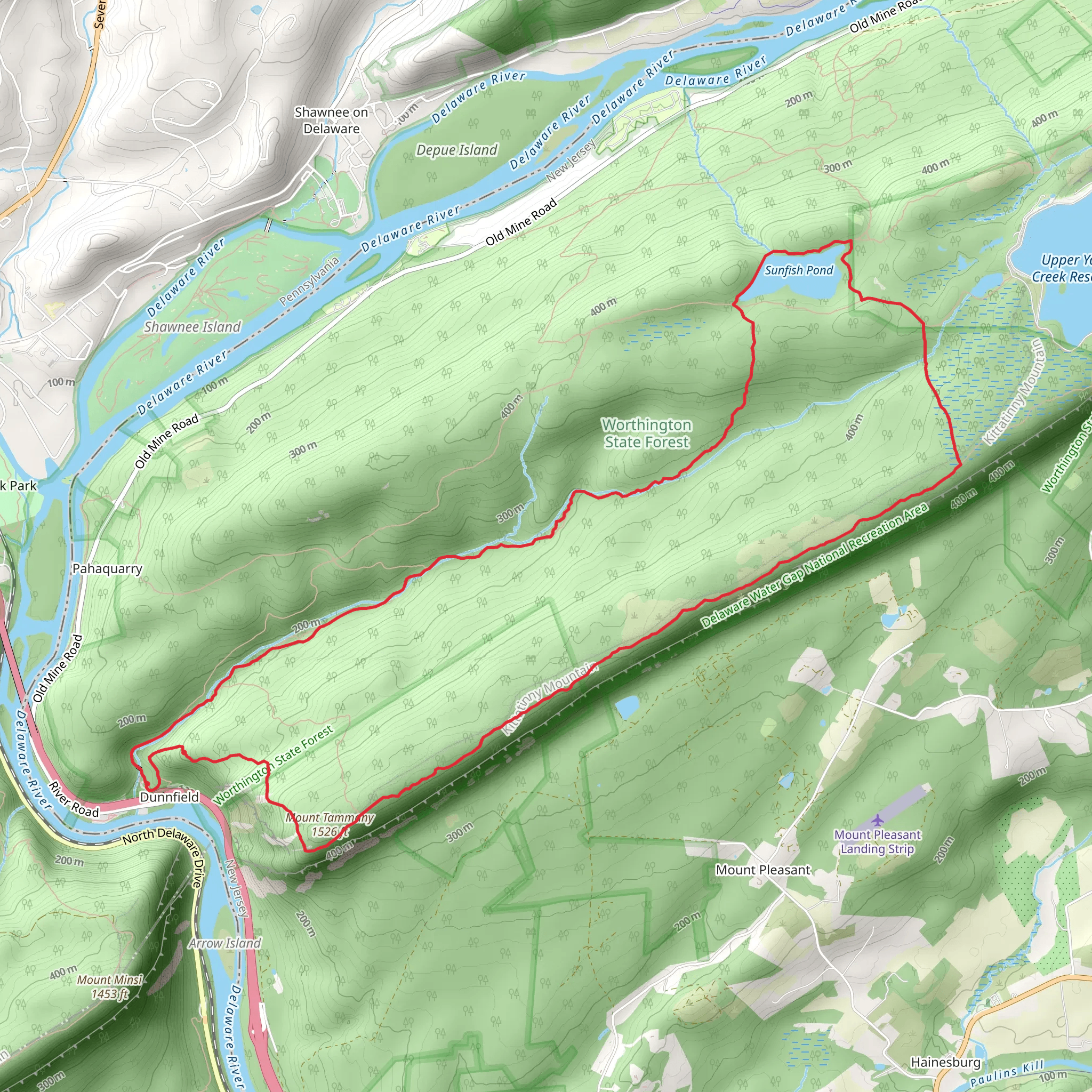 Red Dot Trail, Mount Tammany and Sunfish Pond Loop mobile static map