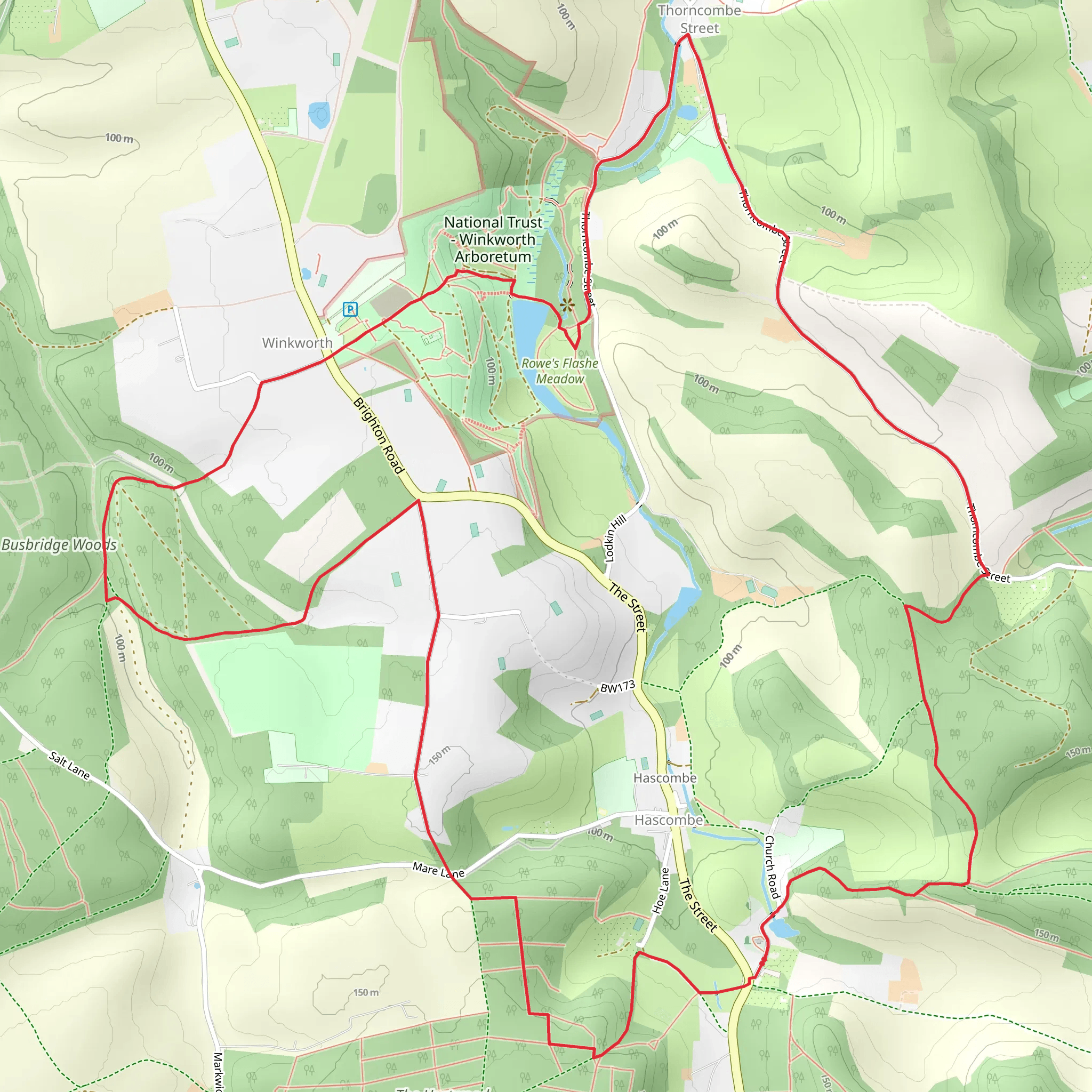 Hurtwood Copse, Winkworth Arboretum and Rowe's Flashe Loop mobile static map
