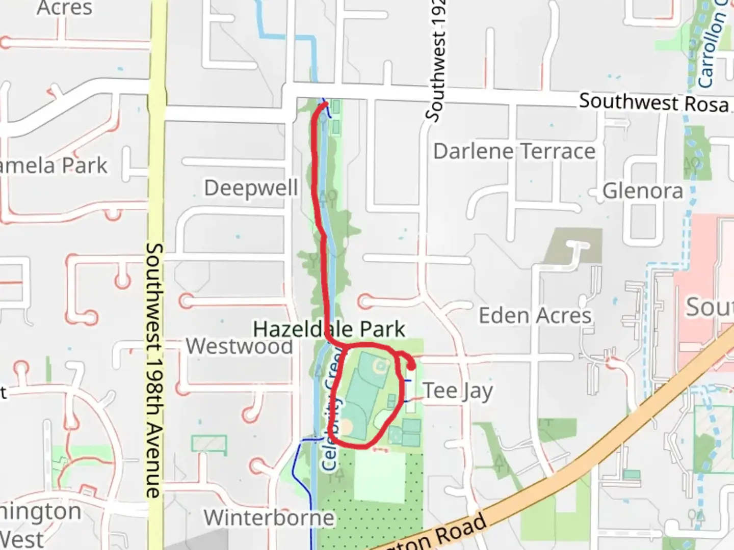 An image depicting the trail Hazeldale Park Loop and its surrounding area.