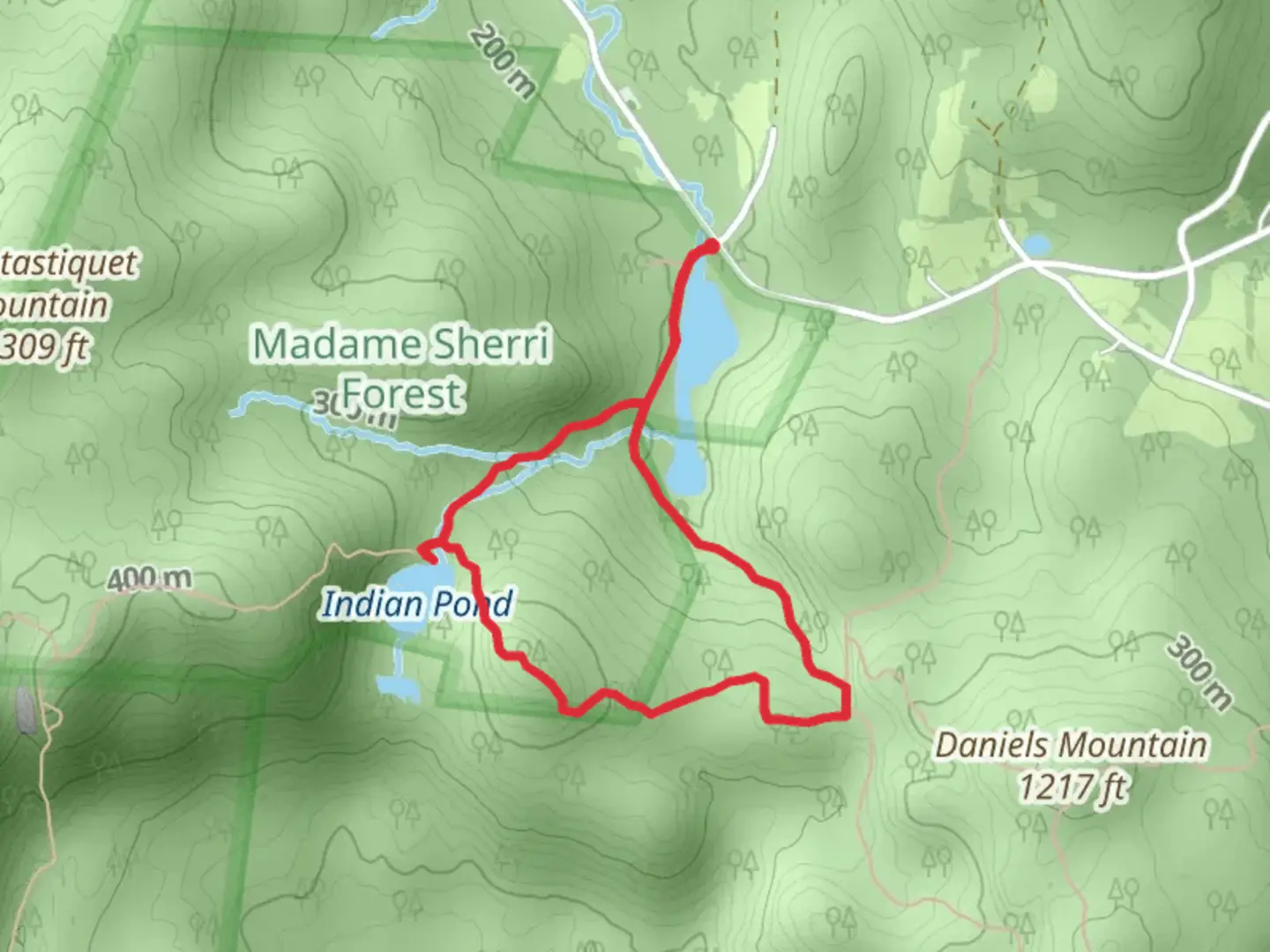 An image depicting the trail Indian Pond via Anne Stokes Loop Trail and its surrounding area.