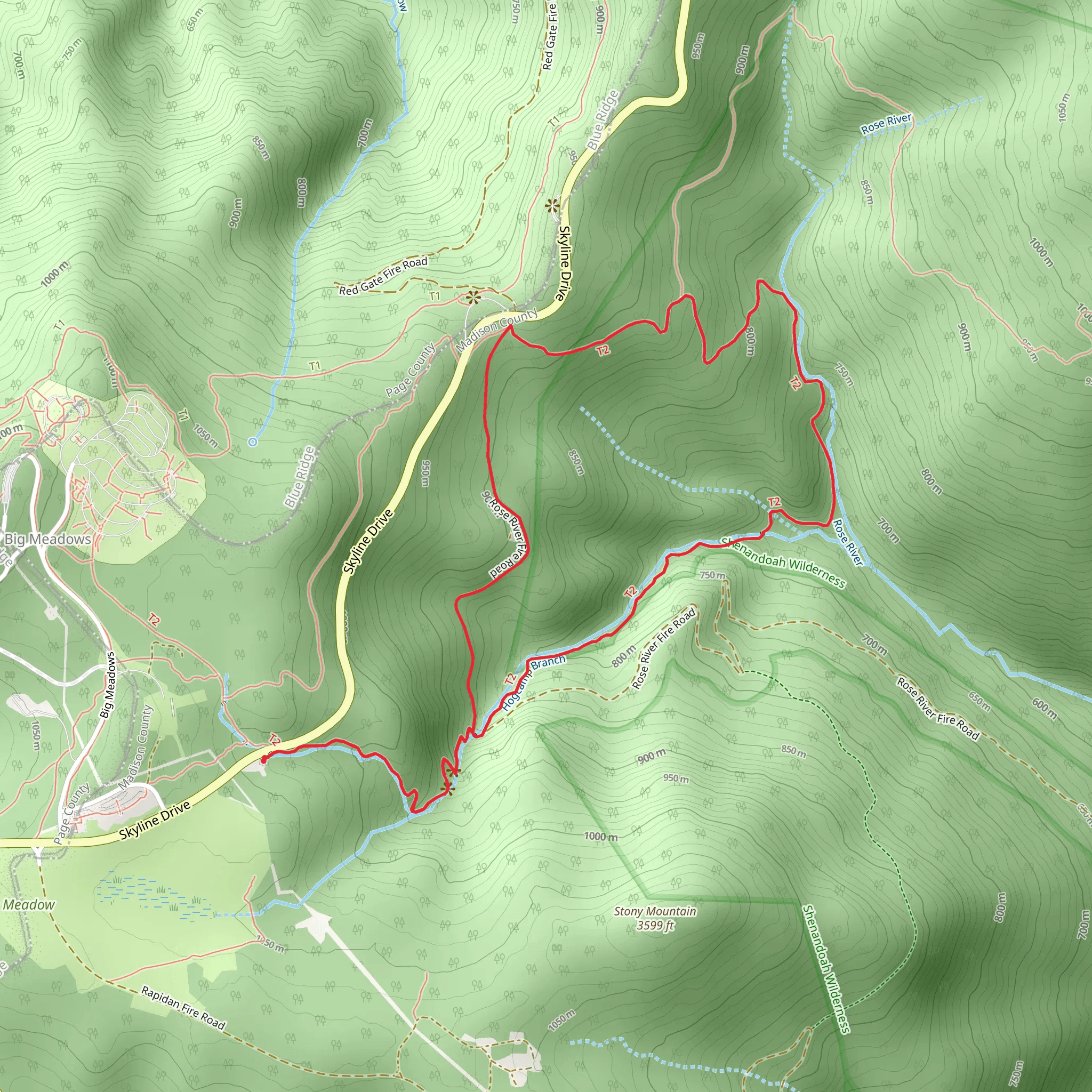 Dark Hollow Falls and Rose River Loop Trail mobile static map