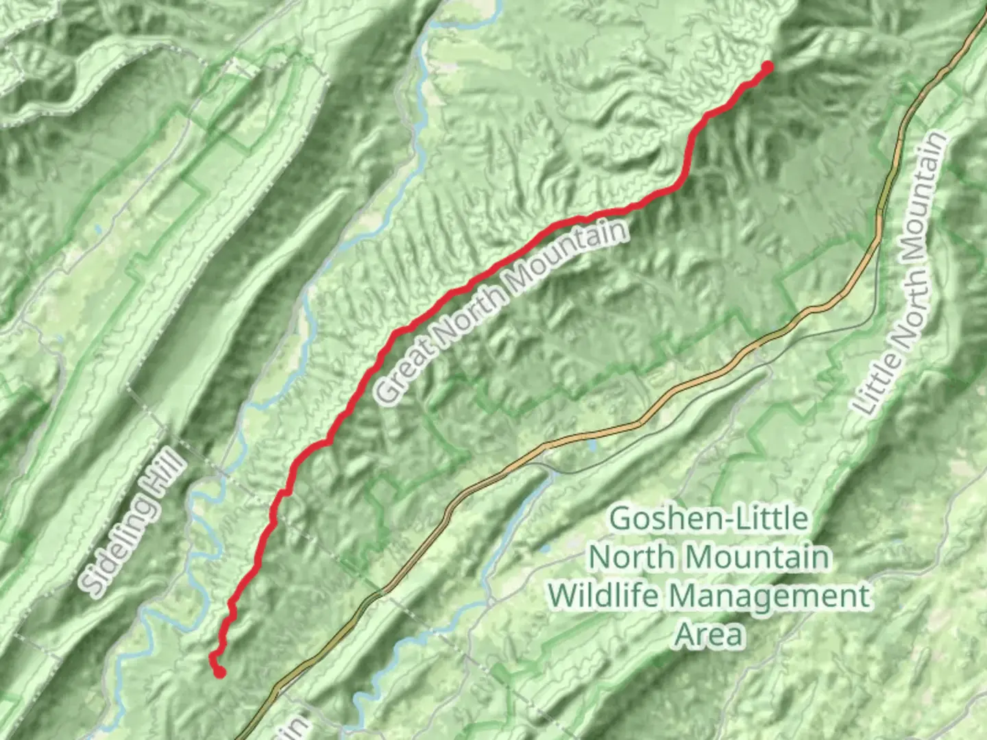 An image depicting the trail Hogback via North Mountain Trail and its surrounding area.