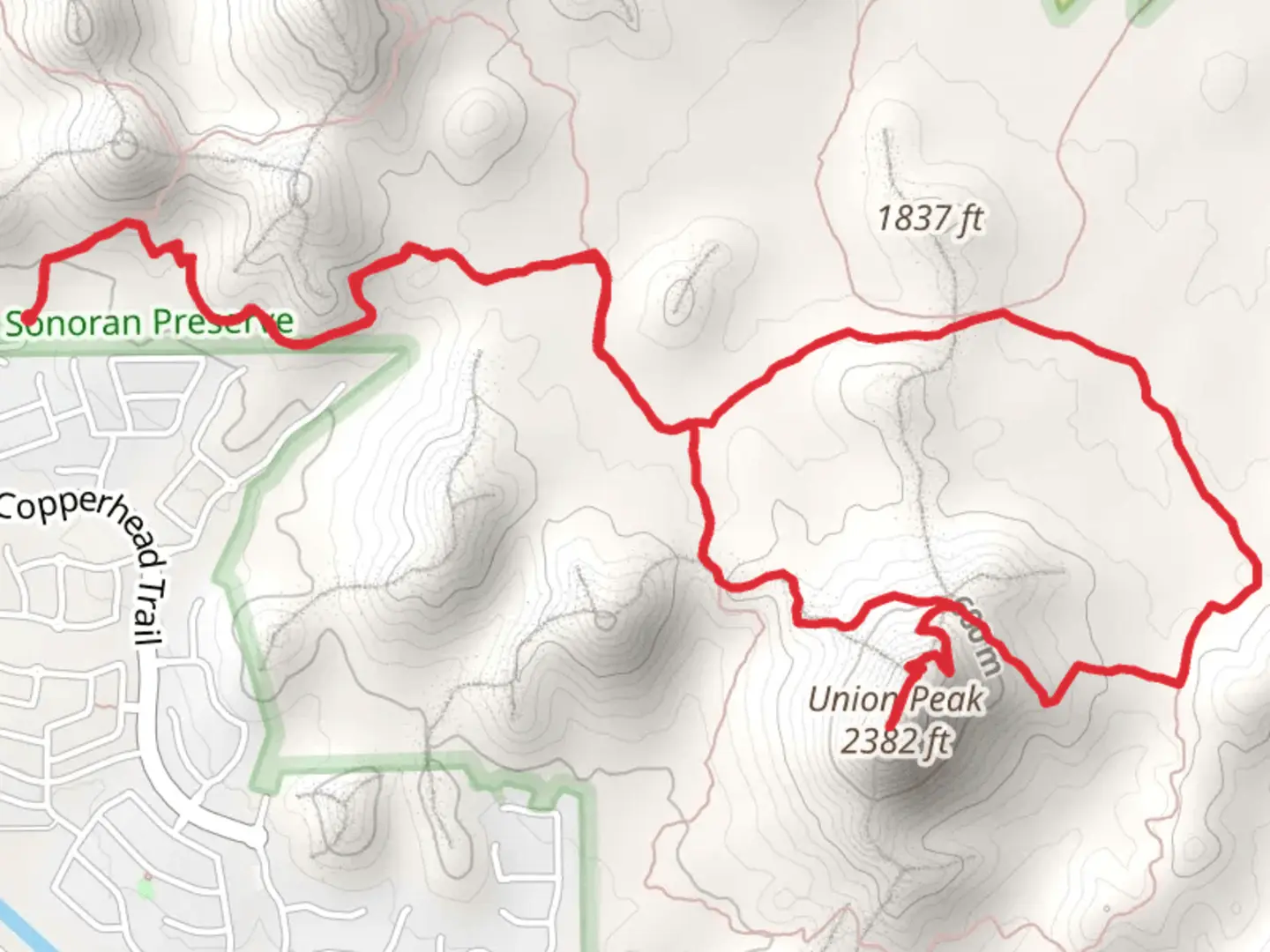 An image depicting the trail Union Peak via Cactus Wren Trail and Great Horned Owl Trail and its surrounding area.
