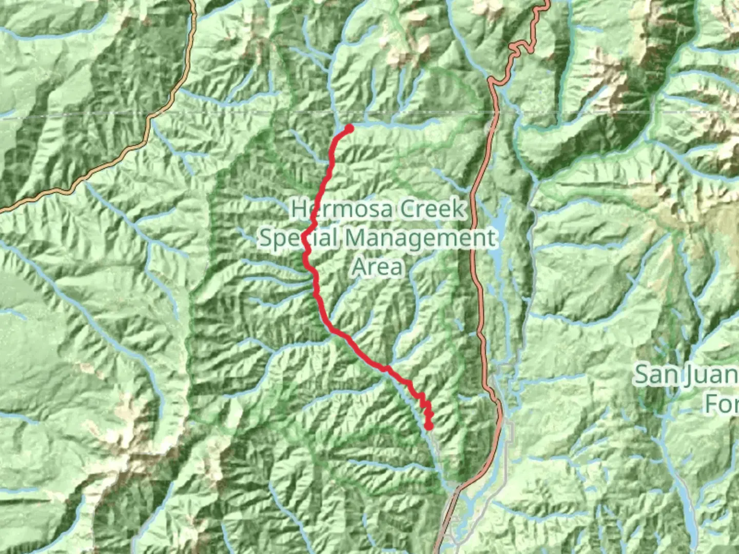An image depicting the trail Hermosa Creek Trail from Hermosa Park Road and its surrounding area.