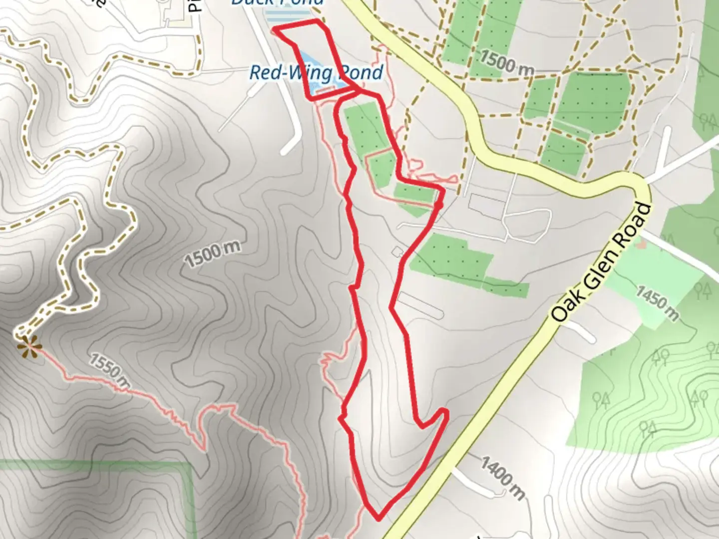 An image depicting the trail Red-Wing Pond via Nature Trail and its surrounding area.