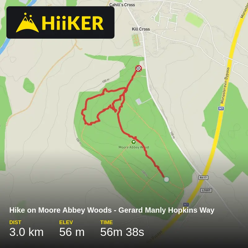 A map preview of the recording Hike on Moore Abbey Woods - Gerard Manly Hopkins Way.
