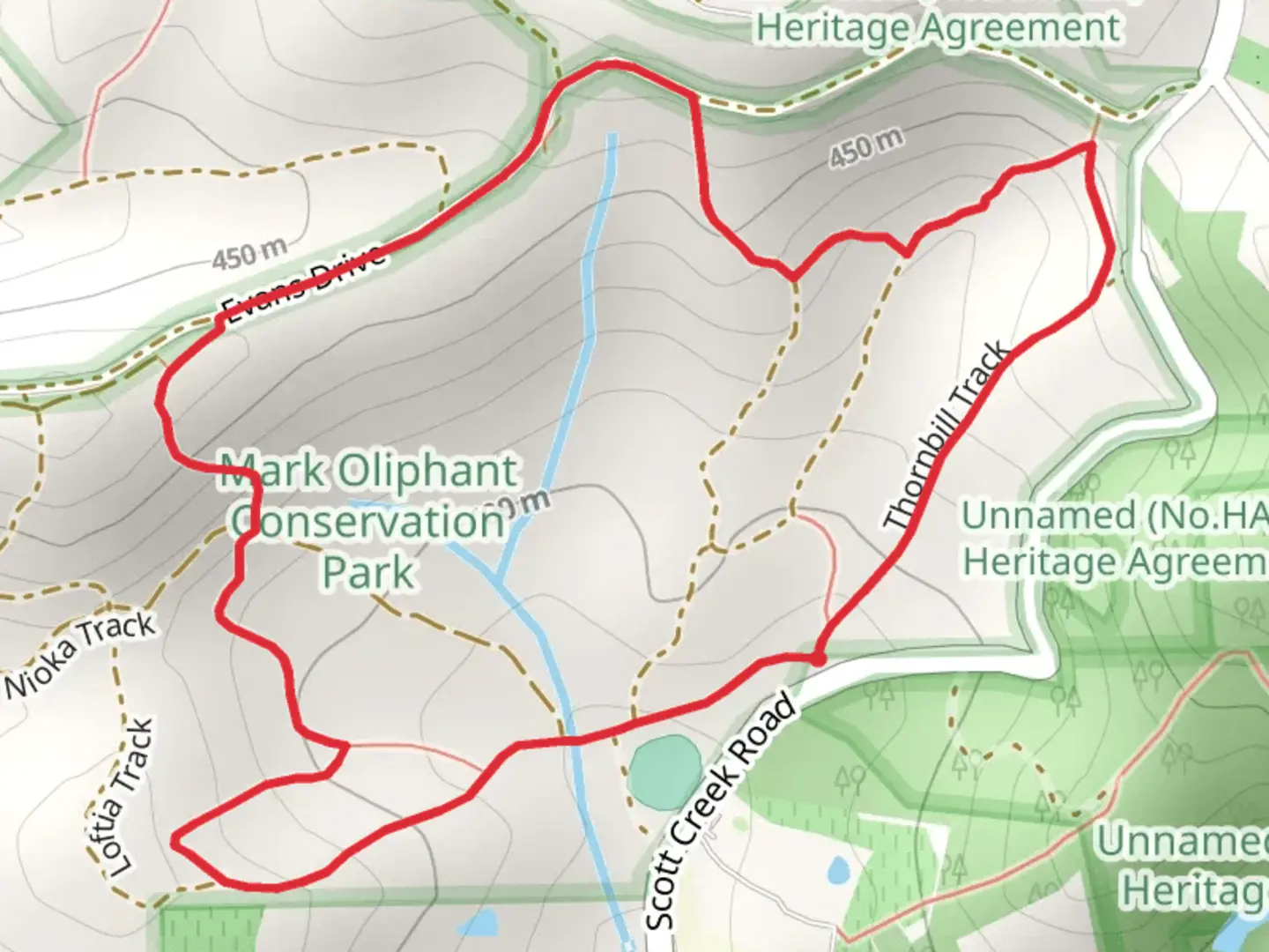 An image depicting the trail Loop of Mark Oliphant Conservation Park and its surrounding area.