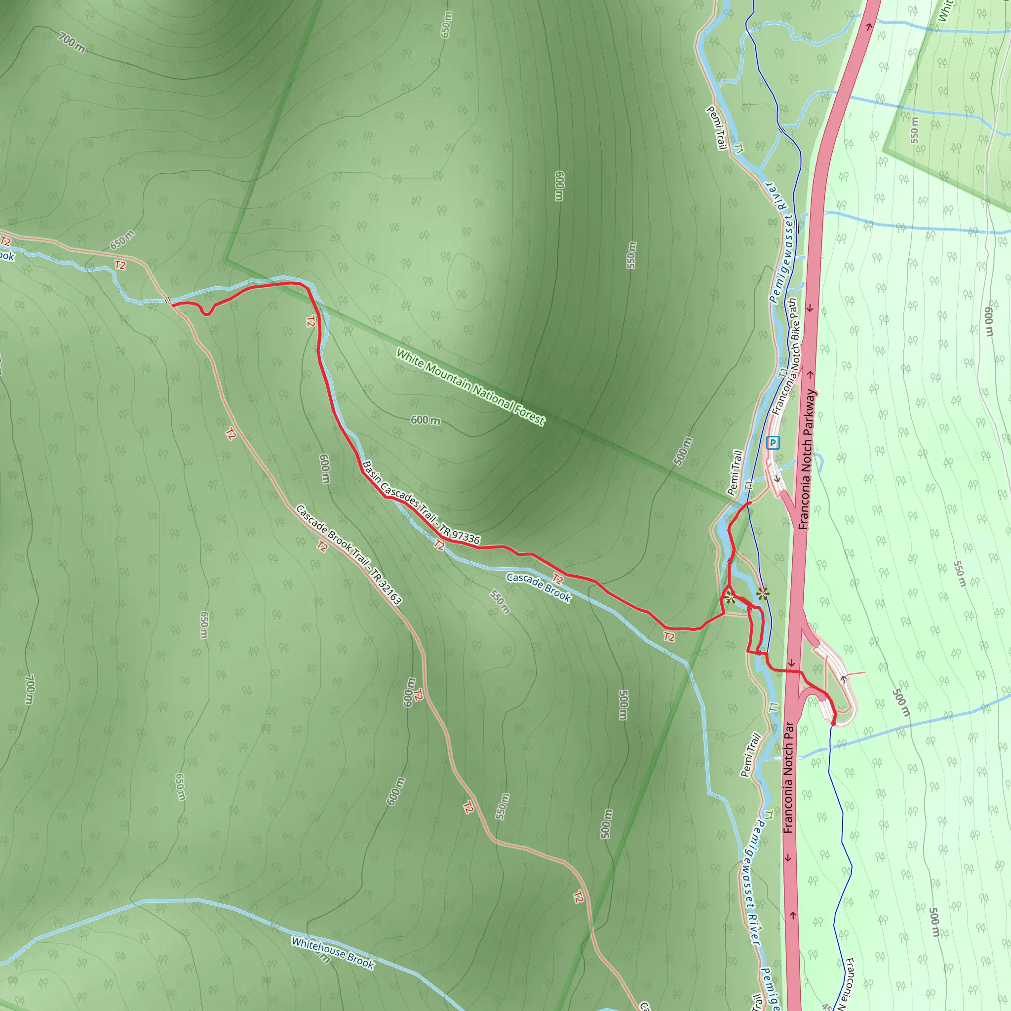 Pemigewasset River and Basin Cascades Trail mobile static map