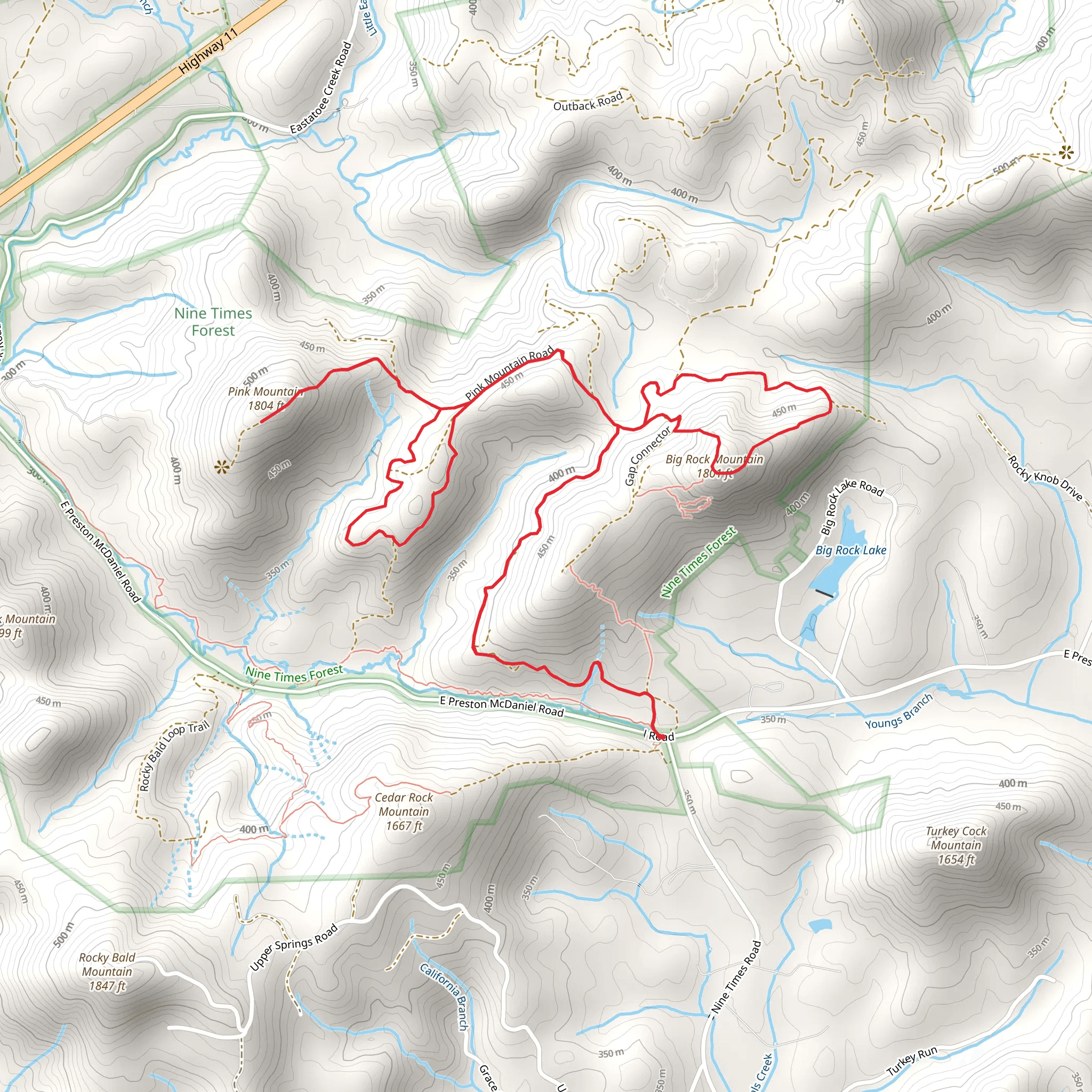 Big Rock Mountain, Pink Mountain and Four Towers Loop Trail mobile static map