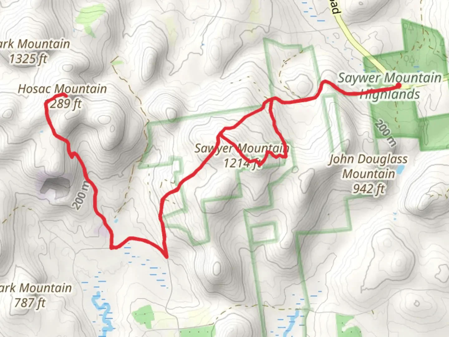 An image depicting the trail Hosac Mountain and Sawyer Mountain and its surrounding area.