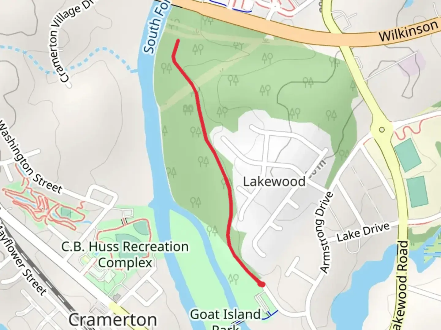 An image depicting the trail Goat Island Park and its surrounding area.
