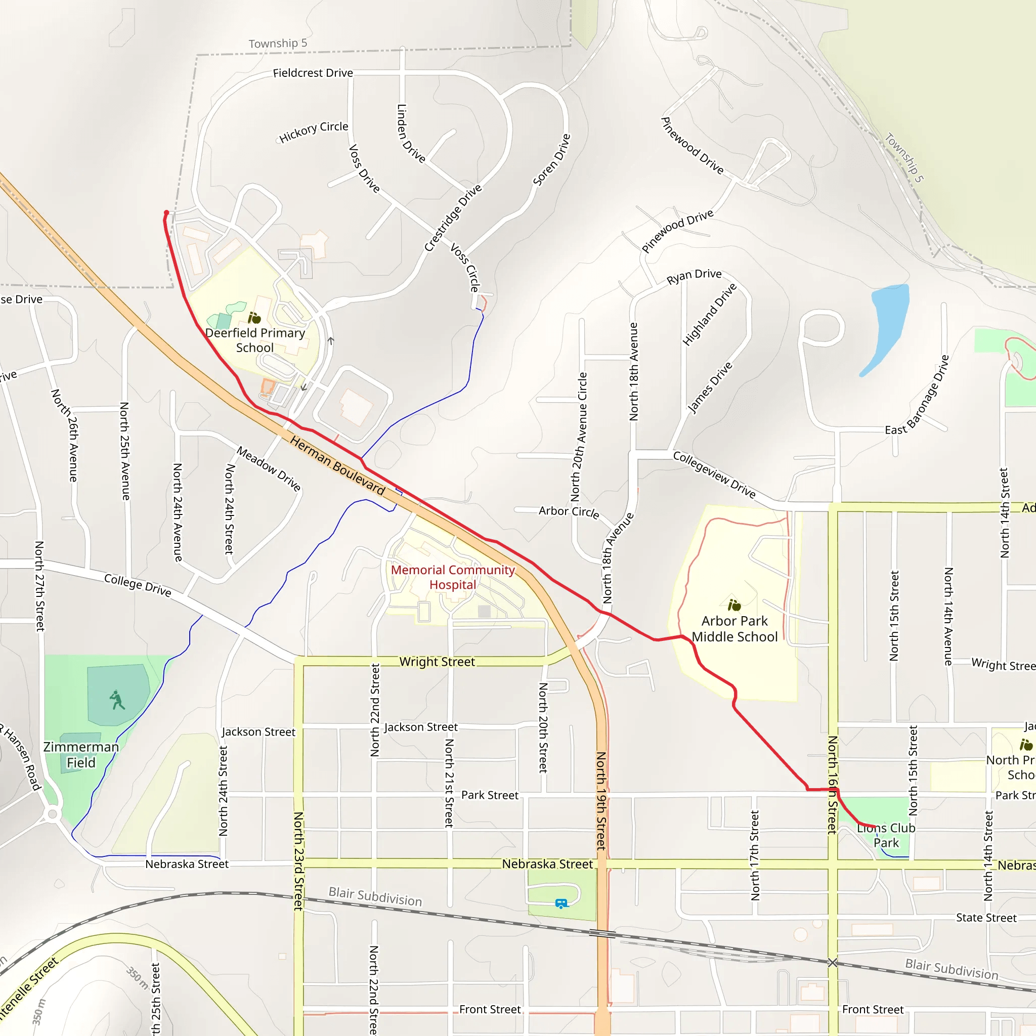 Deerfield Boulevard to Lions Club Park mobile static map