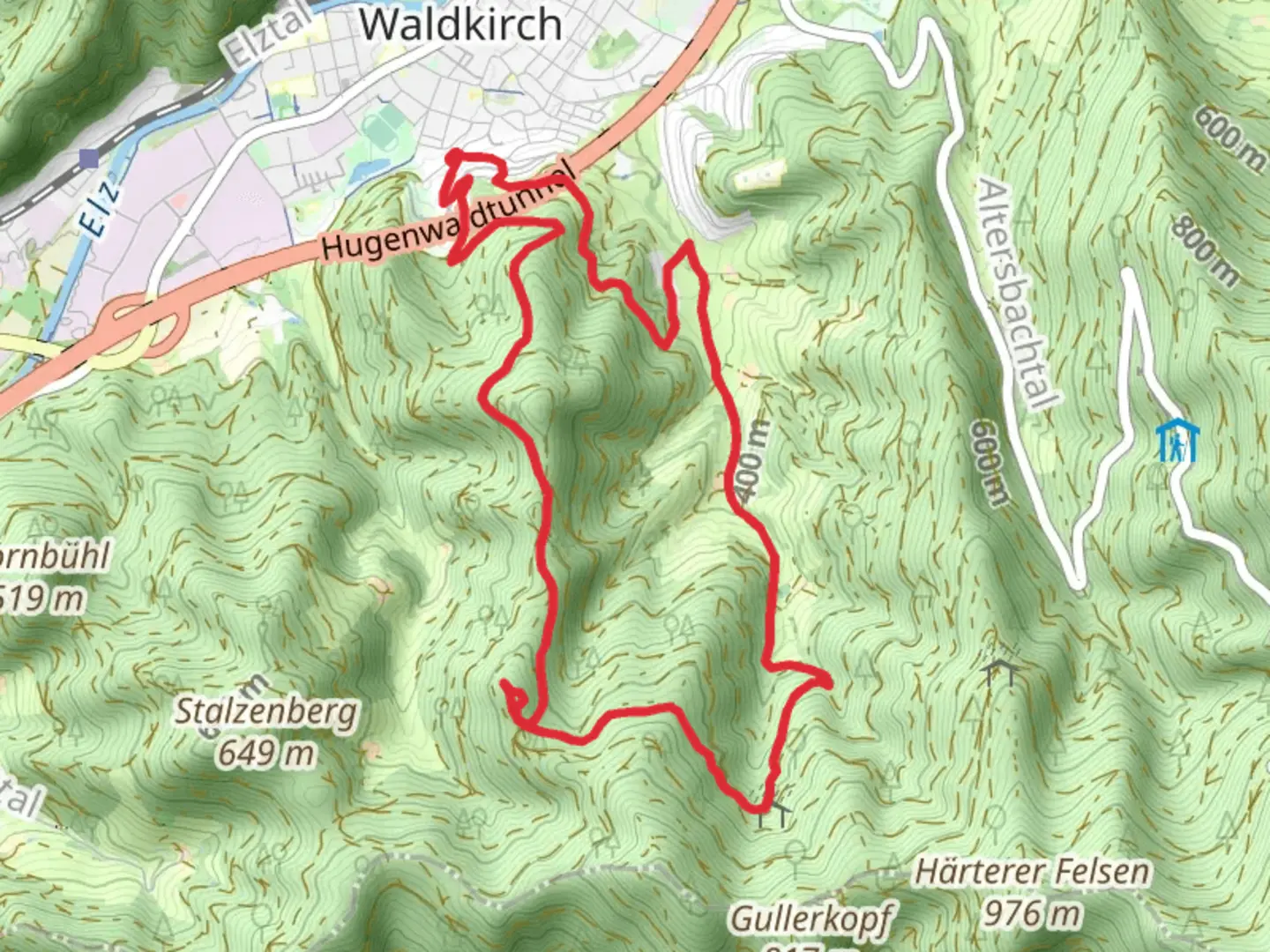 An image depicting the trail Hugenwaldweg and Schwarzenber and its surrounding area.