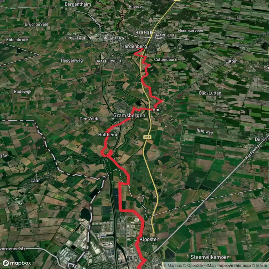 An image depicting the trail Coevorden to Hardenberg via Pieterpad deel 1 and its surrounding area.