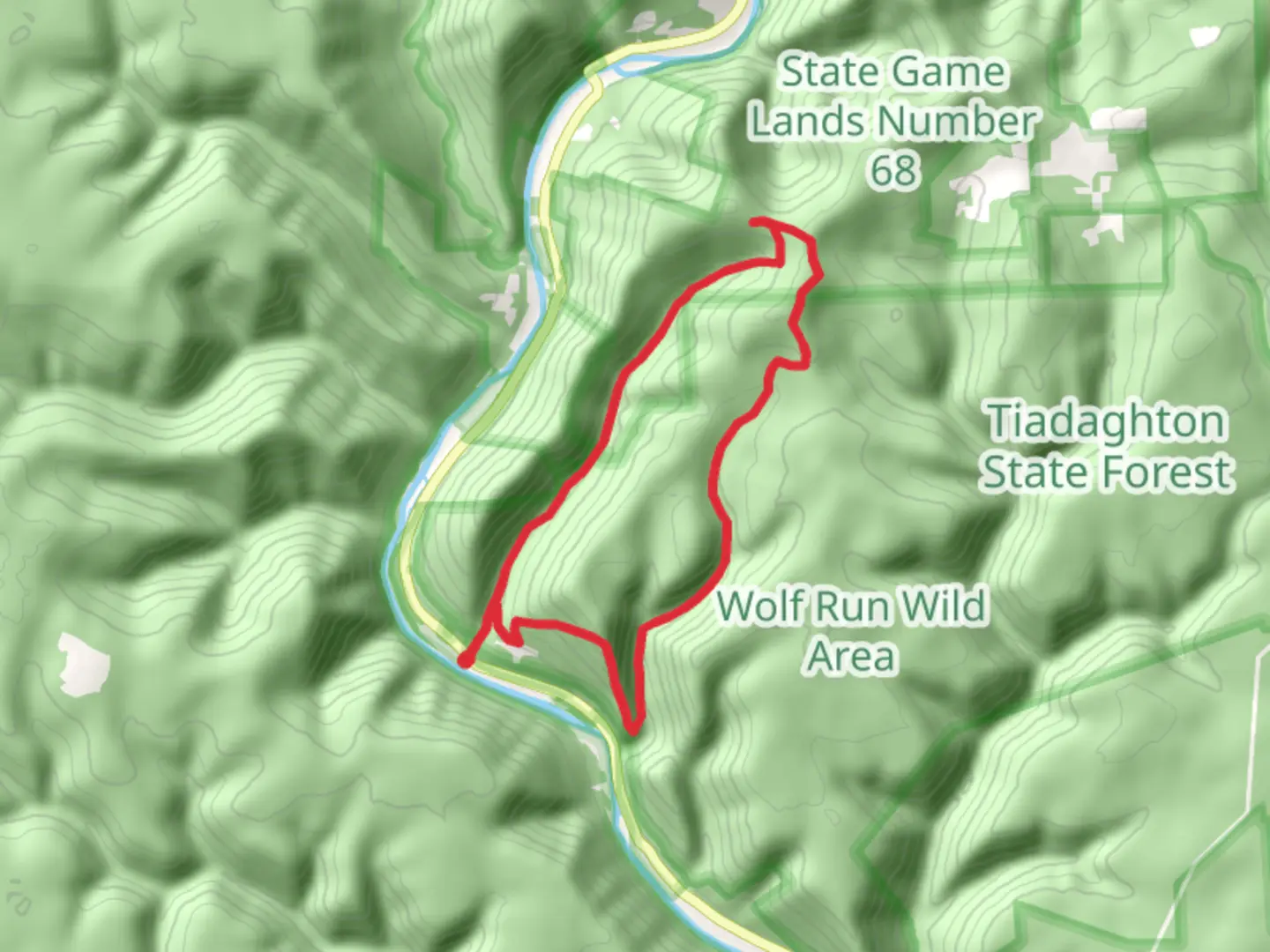 An image depicting the trail Wolf Run and Bonnell Run Loop and its surrounding area.