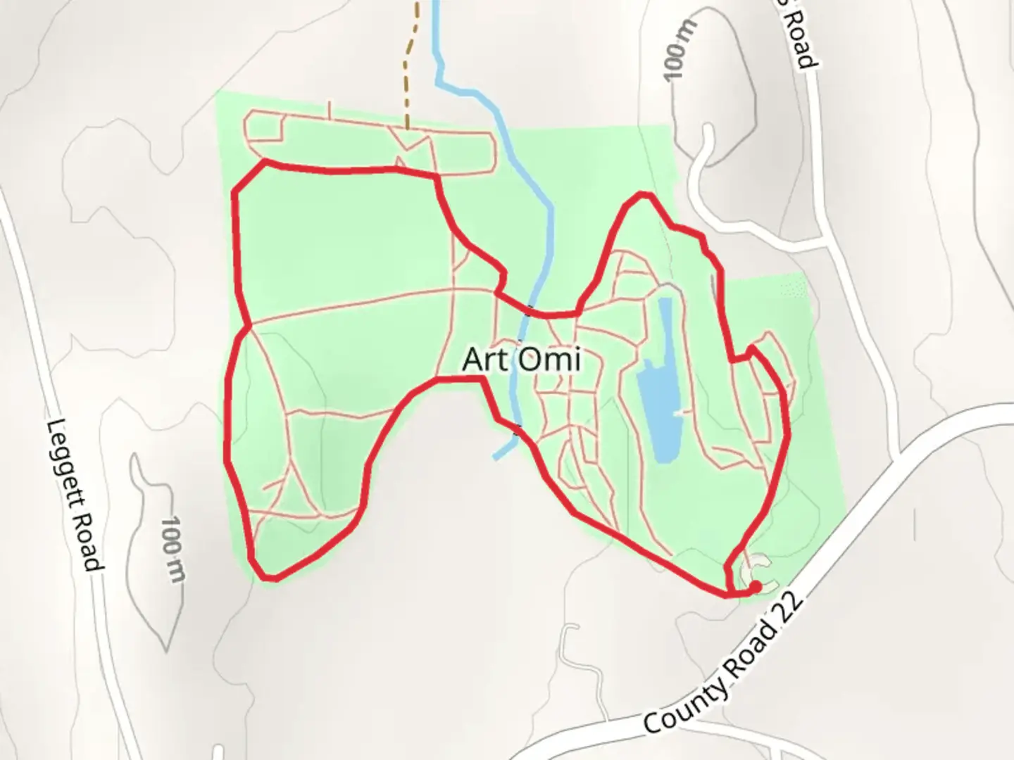 An image depicting the trail Omi Pond Loop from County Road 22 and its surrounding area.