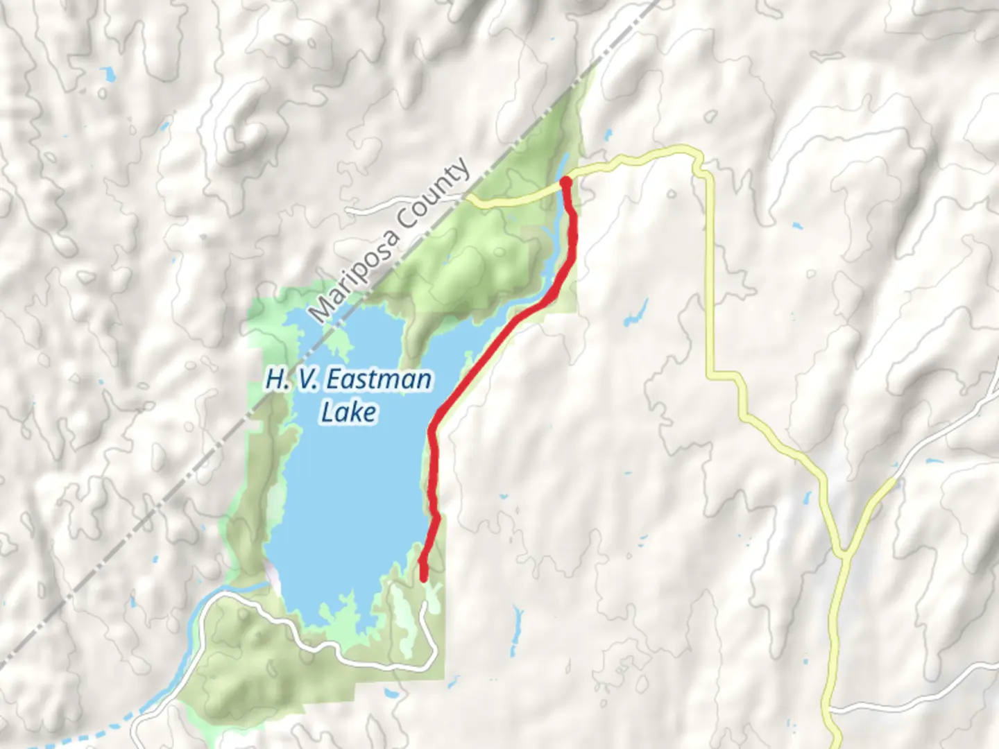 An image depicting the trail HV Eastman Lake East Shore Walk from Green Mountain Road and its surrounding area.
