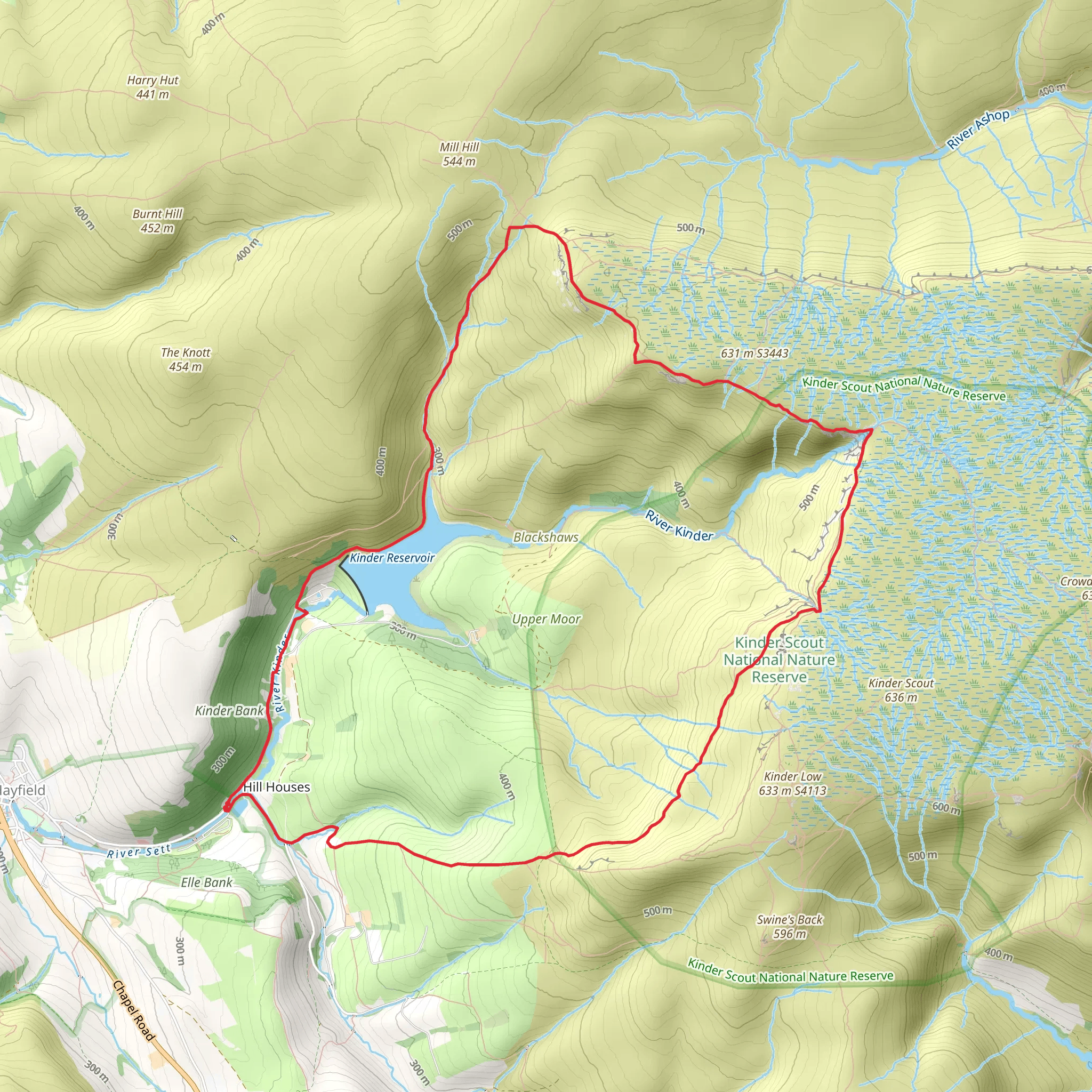 Kinder Reservoir and Kinder Downfall Loop from Hayfield mobile static map