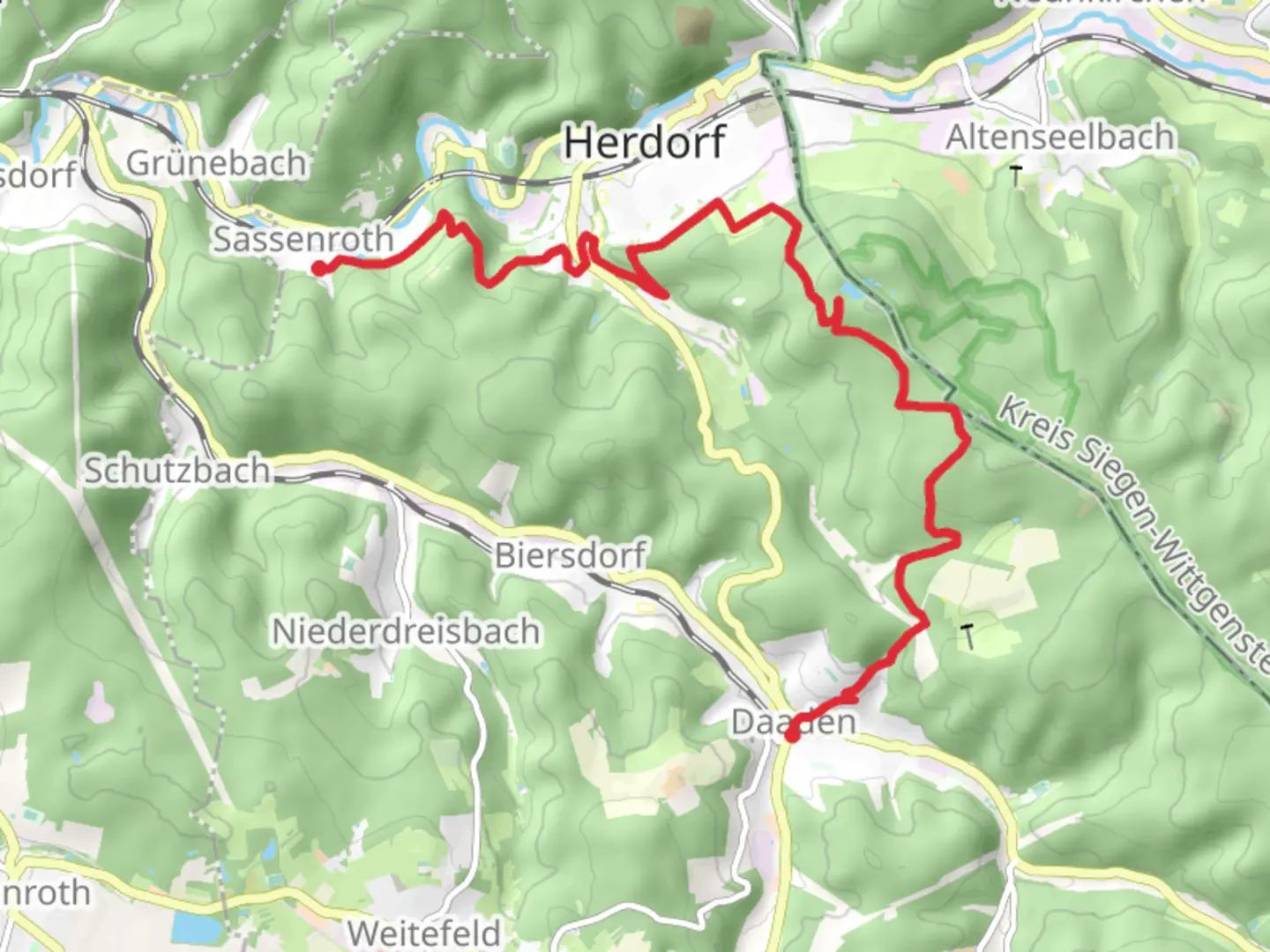 An image depicting the trail Sassenroth to Daaden via Silbersee and Druidensteig and its surrounding area.