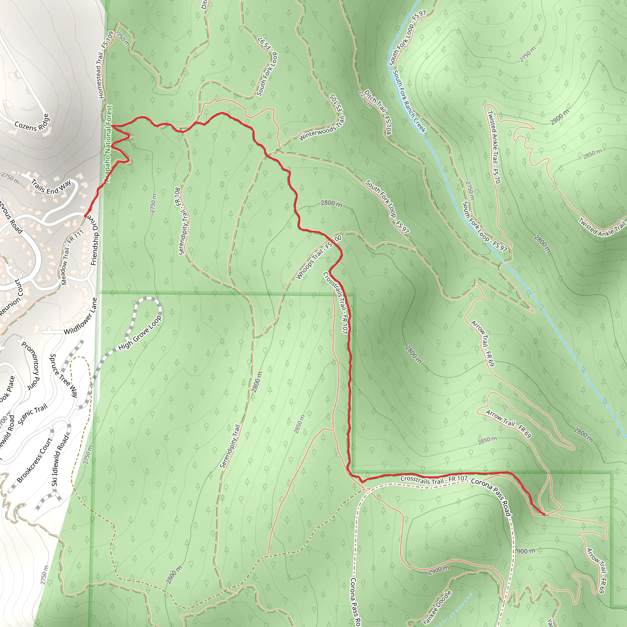 Crosstrails Trail via Meadow Trail mobile static map