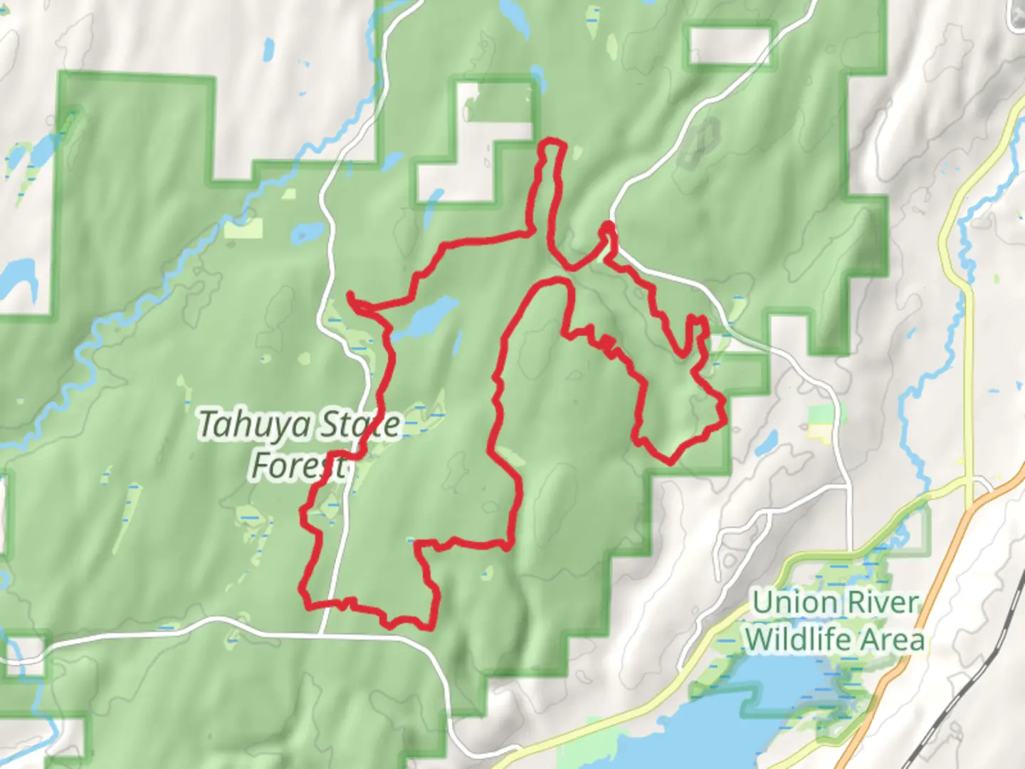 An image depicting the trail Tahuya River Trail, Mission Creek Trail and Overland Trail and its surrounding area.