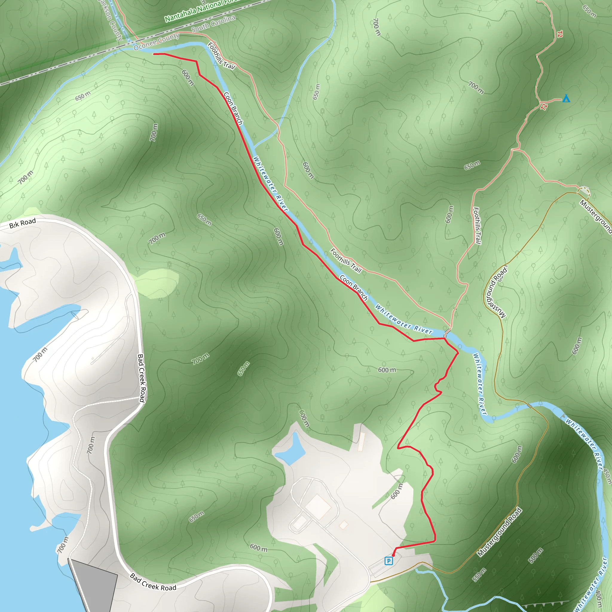 Lower Whitewater Falls Trail and Coon Branch mobile static map