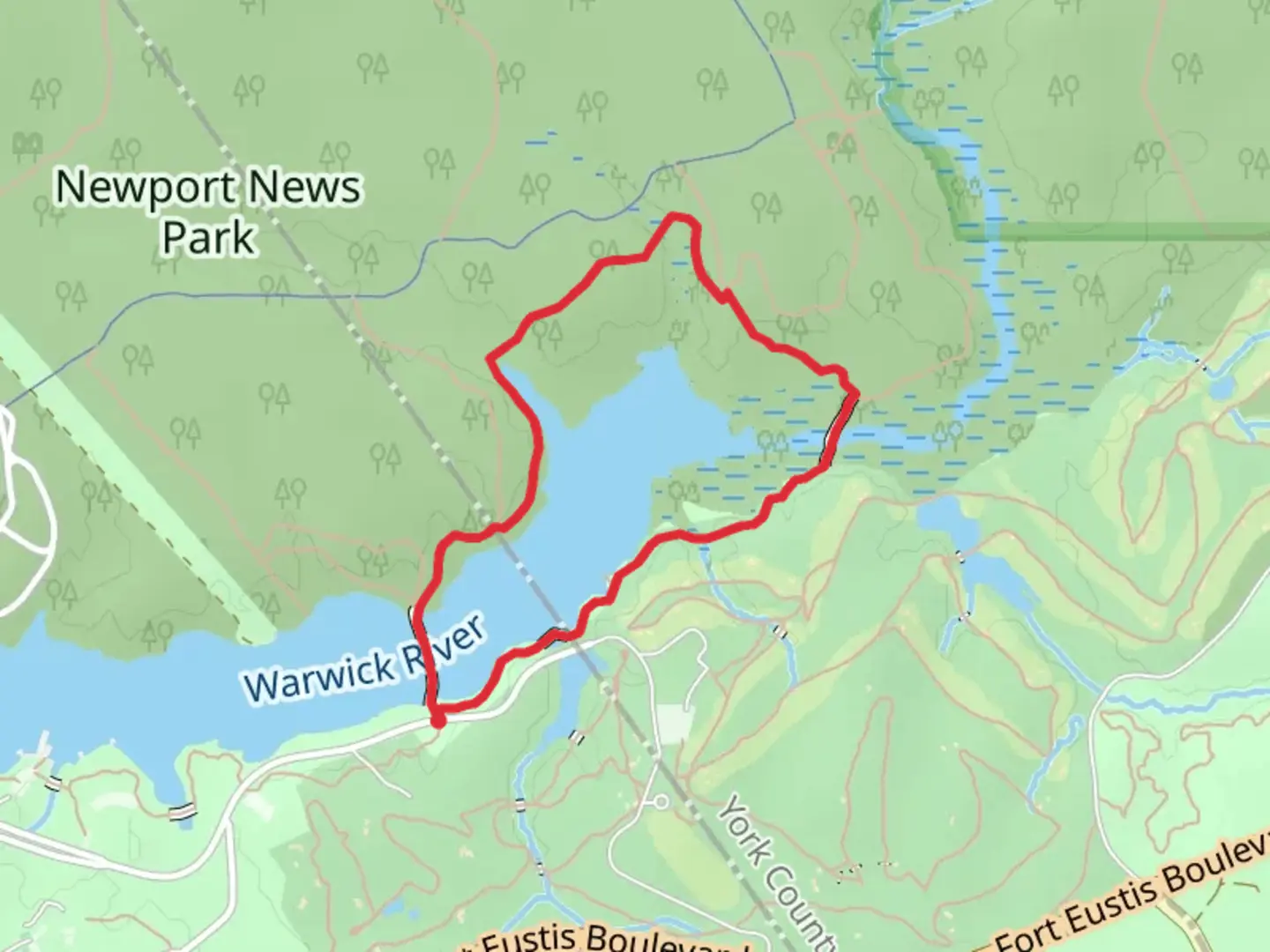 An image depicting the trail Swamp Bridge and White Oak Loop Trail - Lee Hall Reservoir Upper Basin and its surrounding area.
