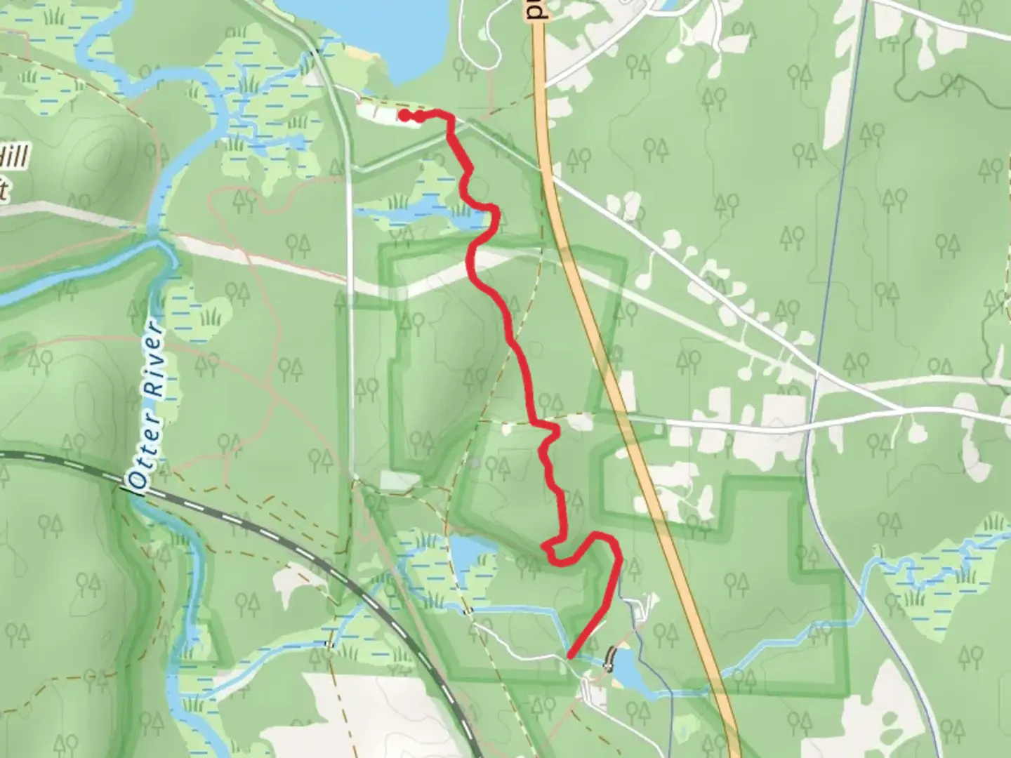 An image depicting the trail Beaman Pond Campground in Otter River State Forest and its surrounding area.